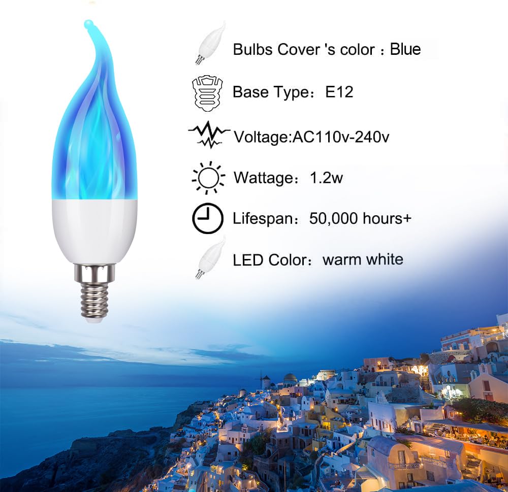 Ohlgt E12 Flame Bulbs, 3 Mode Led Candelabra 2.0 Watt Blue Chandelier Candle Light Bulbs, Flame Tip For Christmas Party Decorati