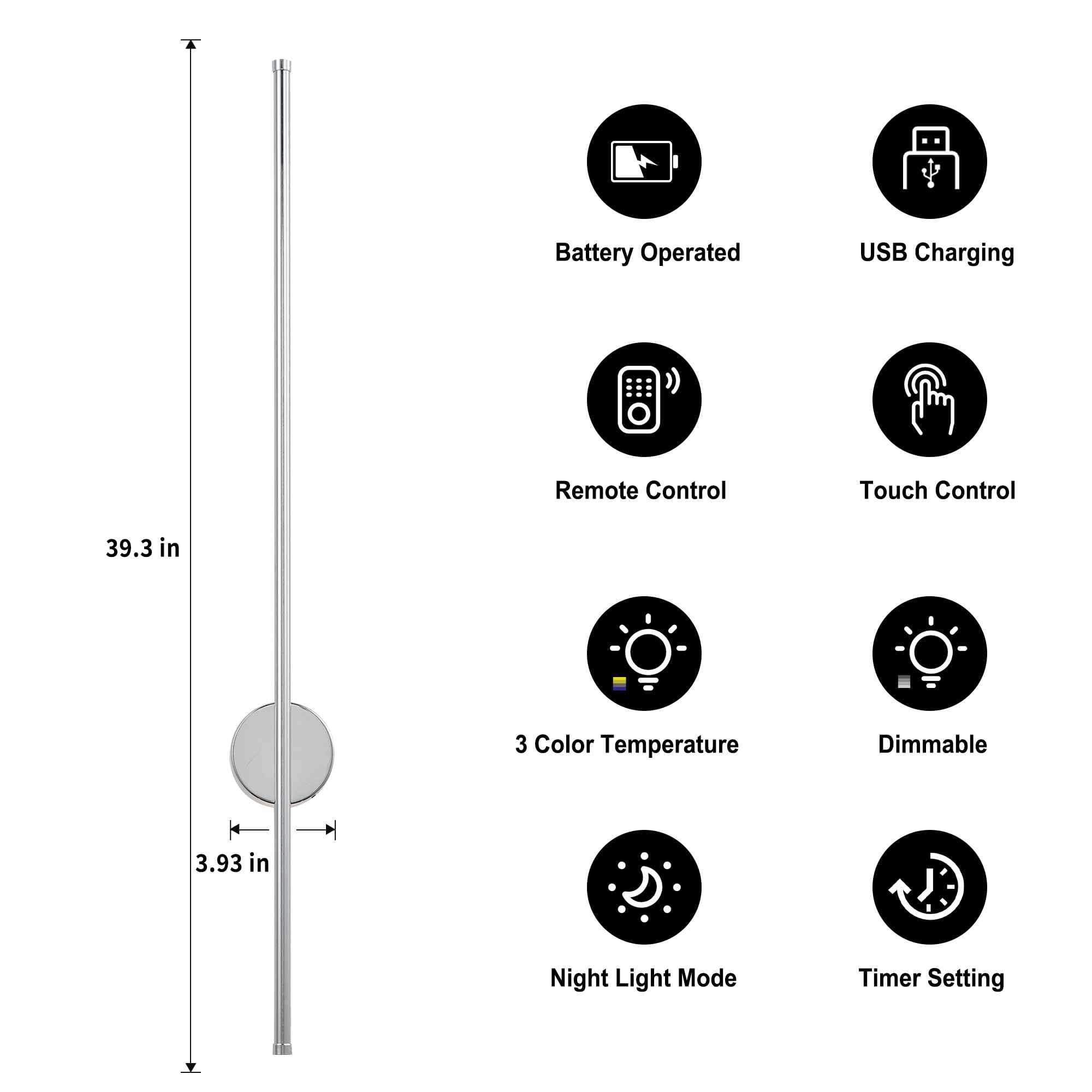 KARTOOSH Battery Operated Wall Sconces, Dimmable LED Light Set of 2, 39.3 Inch, Chrome, Model ZM322B, Remote Control, 3