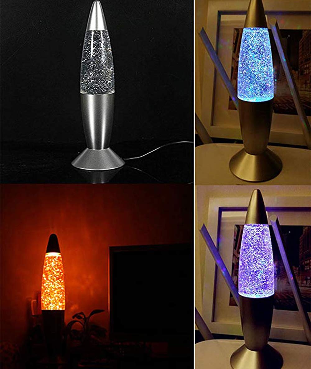Cdycam Glitter Lava Lamp LED Mini Night Light, 7.28in  Silver Glass with USB Charging Plug, Color Changing for Kids and mature-themeds