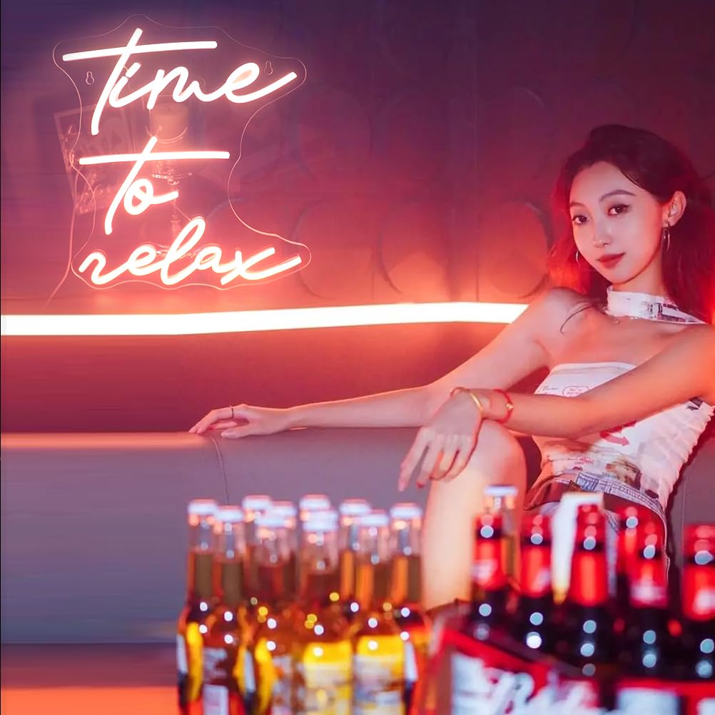 Nordstylee LED Neon Sign - Time To Relax, Warm White, Silicone, 13.78 x 12.2 inches, Model NRLT240815003, Decorative Wall Art
