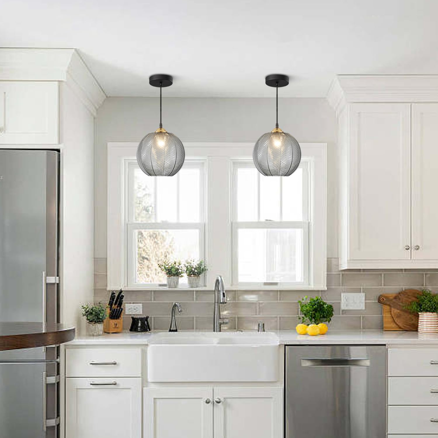 KCO Lighting Modern Pendant Light - Smoke Gray Glass, Adjustable, Large Globe - Model L1146-SG