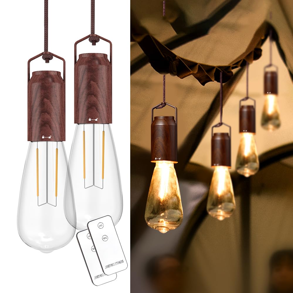 PINSAI 2 Pack Rechargeable Warm Tent Hanging Light Bulb,Portable Outdoor Vintage LED Camping Light,Pendant Hurricane Emergency L