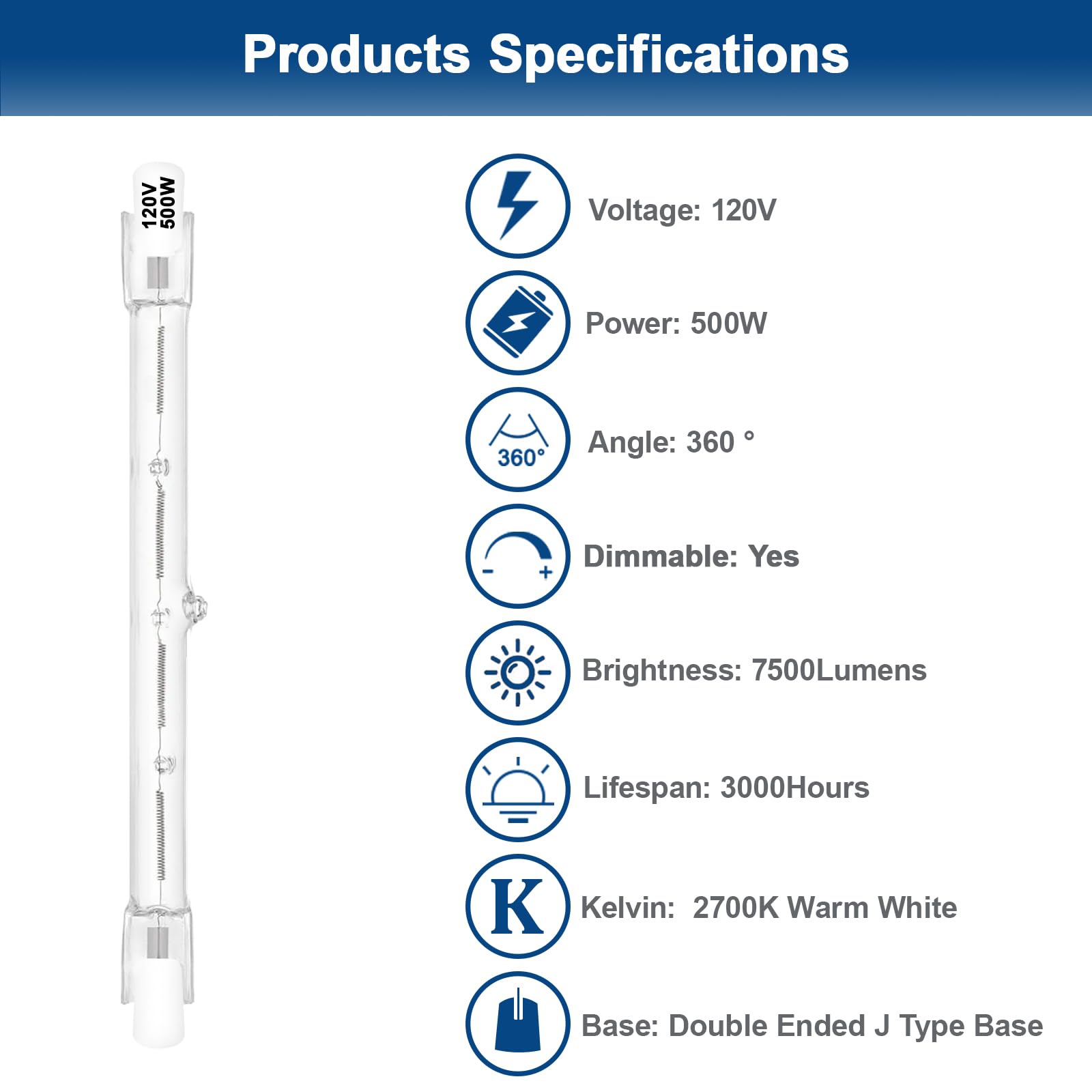 R7S Halogen Bulbs 500W Dimmable 120V 118Mm T3 J Type Floodlight Bulb With Long Lifespan, 2700K Warm White Linear Double Ended Li