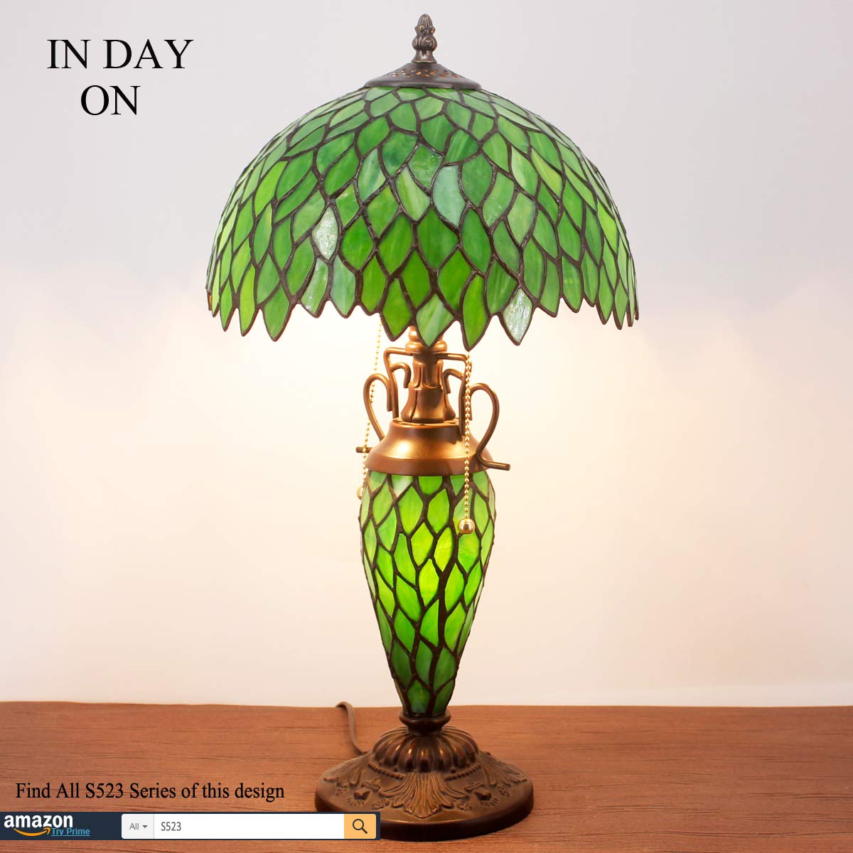WERFACTORY Tiffany Style Table Lamp, Green Wisteria, 12x12x22 Inches, Glass, Model S523, Ideal for Bedroom or Living Room Decor