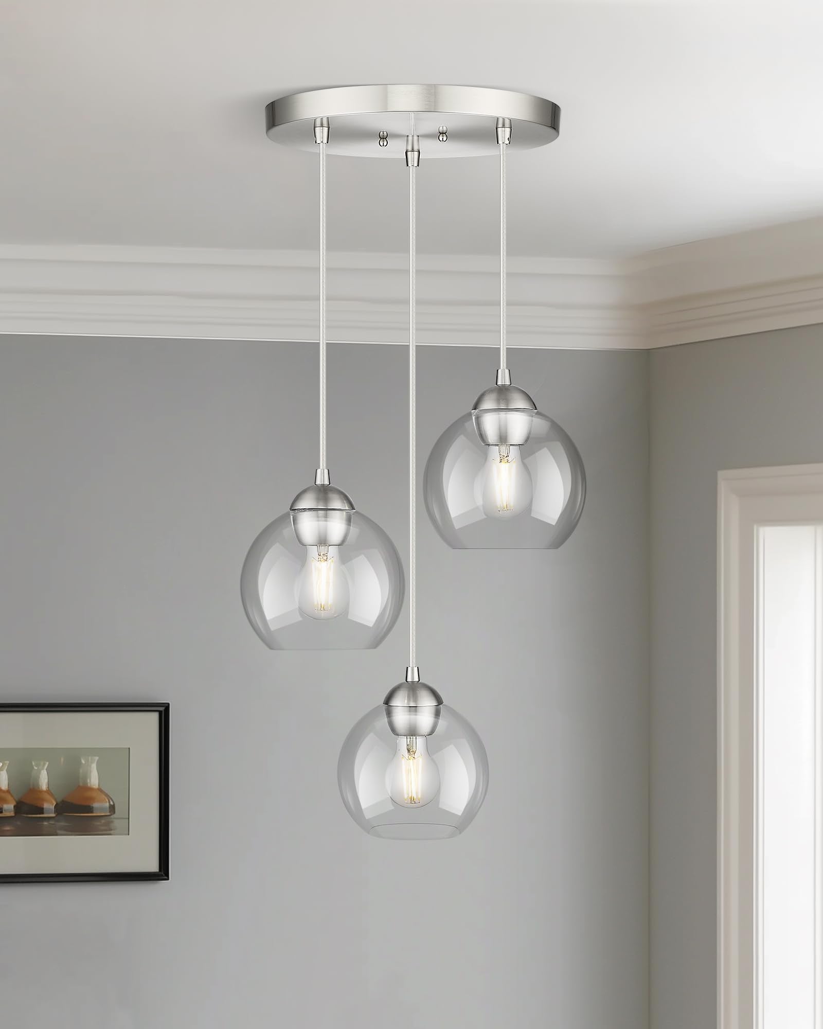 Emak Brushed Nickel Pendant Light, 3-Light Pendant Lights Kitchen Island With Clear Glass Shade, Cluster Globe Hanging Light Fix