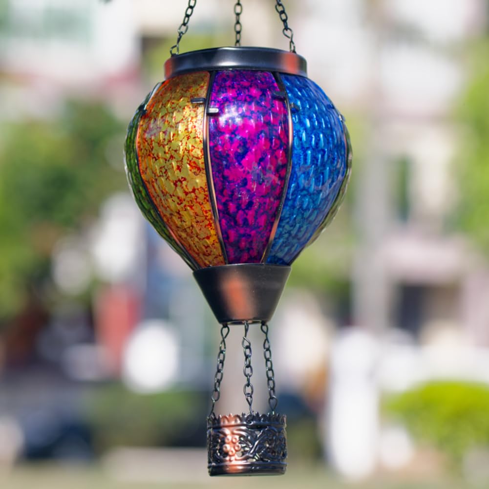 Giole Solar Hot Air Balloon Outdoor Lantern with Flickering Flame, Handmade Glass Hanging Outdoor Lantern Waterproof Decorative 