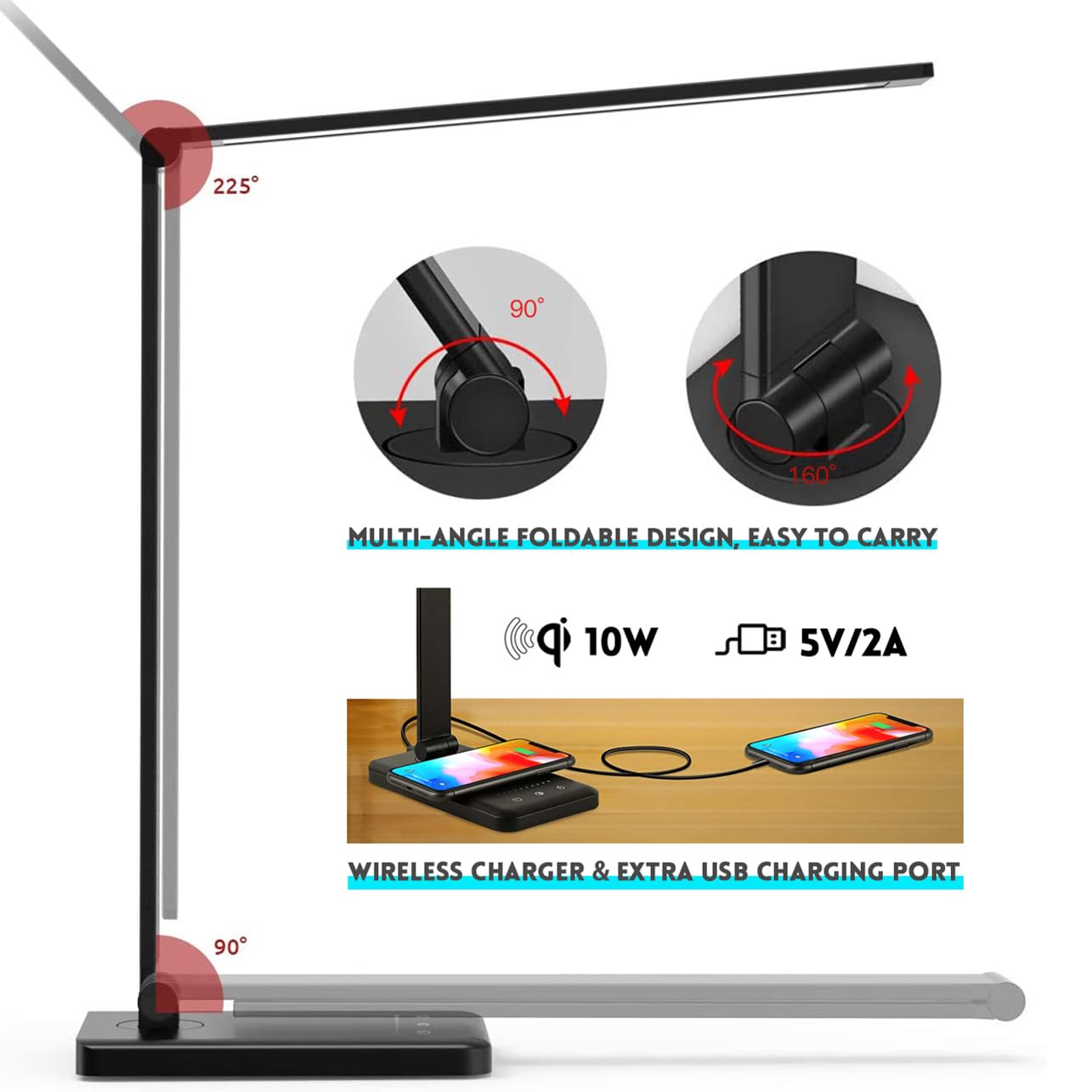 Jostic Led Desk Lamp With Wireless Charger, Usb Charging Port, 10 Brightness, 5 Color Modes, Desk Lamps For Home Office, Dimmabl