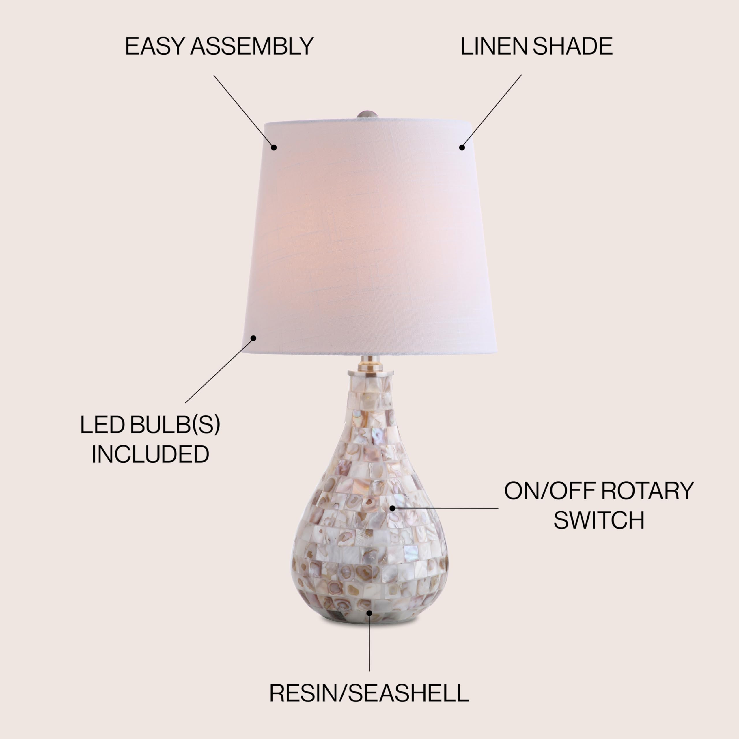 JONATHAN Y Mini LED Table Lamp, 20.5in, Resin, Seashell, Model JYL1024A, Coastal Transitional Design for Office, Living Room, Bedroom