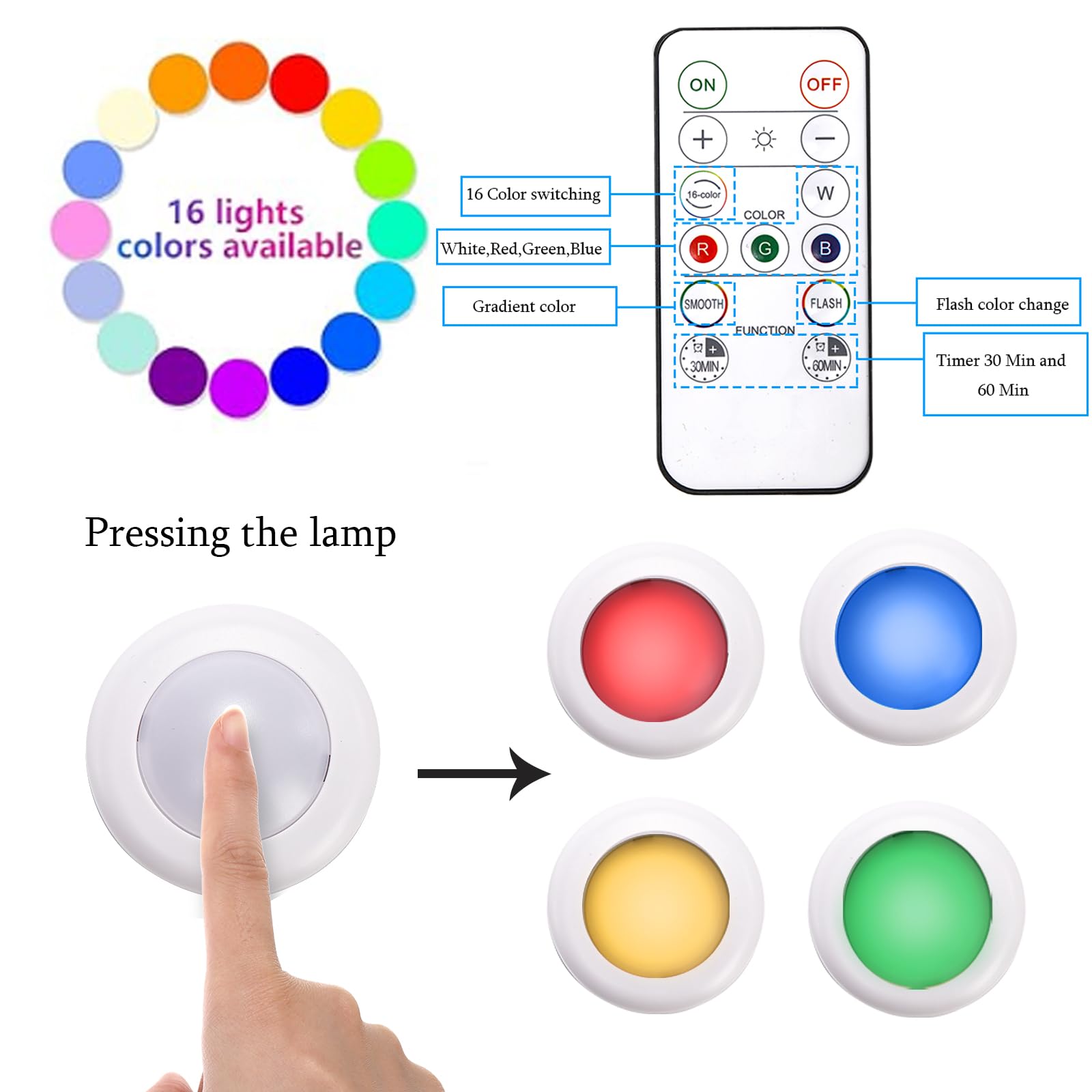 Hbaushun Led Puck Lights 12 Pack,16 Color Changeable Wireless Led Cabinet Lights,Battery Operated Night Light With Dimmer & Timm