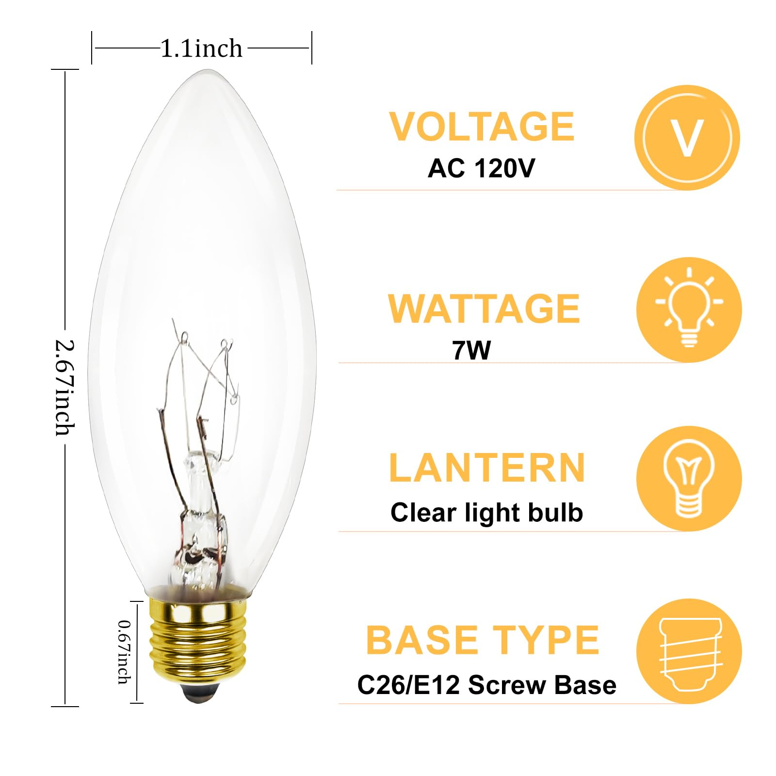Cbebew 25 Pack Candle Light Bulbs, 7W C26 Clear Torpedo Tip Candelabra Replacement, C7/E12 Base for Chandeliers and Electric Candle Lamps