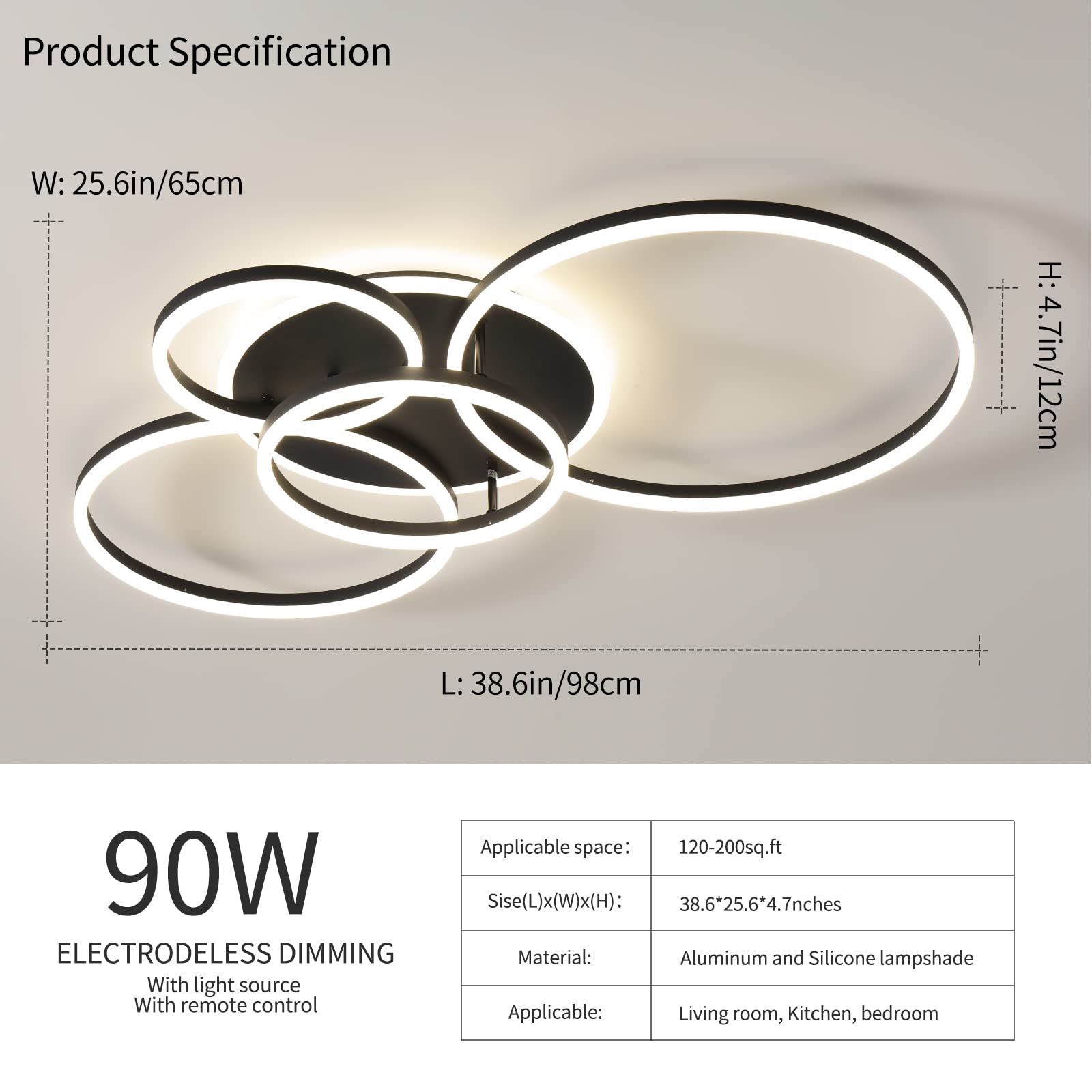 Modern Led Ceiling Light 90W Dimmable Ceiling Light Fixture With Remote Control 5 Rings Flush Mount Ceiling Light Black Acrylic