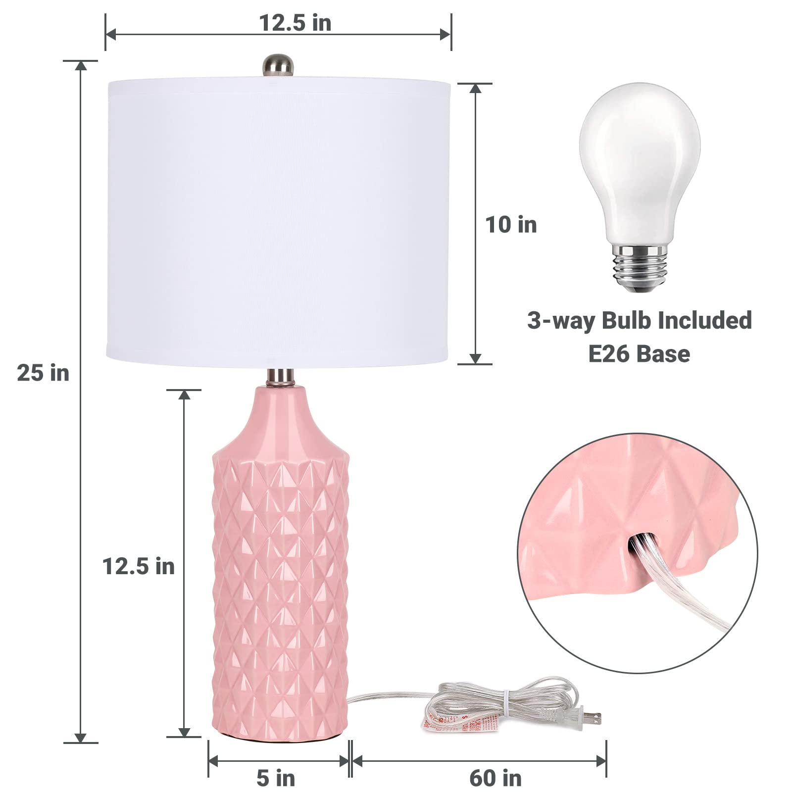 Qingmiao 25&quot; Pink Ceramic Table Lamps Set Of 2, 3-Way Dimmable Nightstand Lighting, Bul