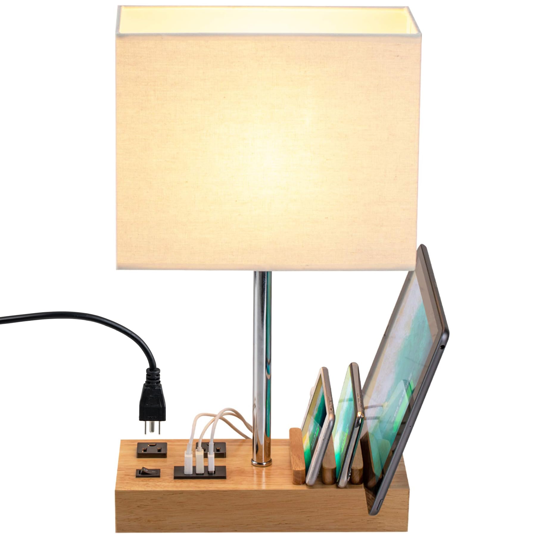 Briever Upgraded 3 USB Table Lamp with 2 USB A & C Charging Ports  Bedside Desk Lamp with 2 AC Outlets and Wooden Phone Stand Organizer  Nightstand Lamp for Bedroom  Living Room  Office  Natural Wood