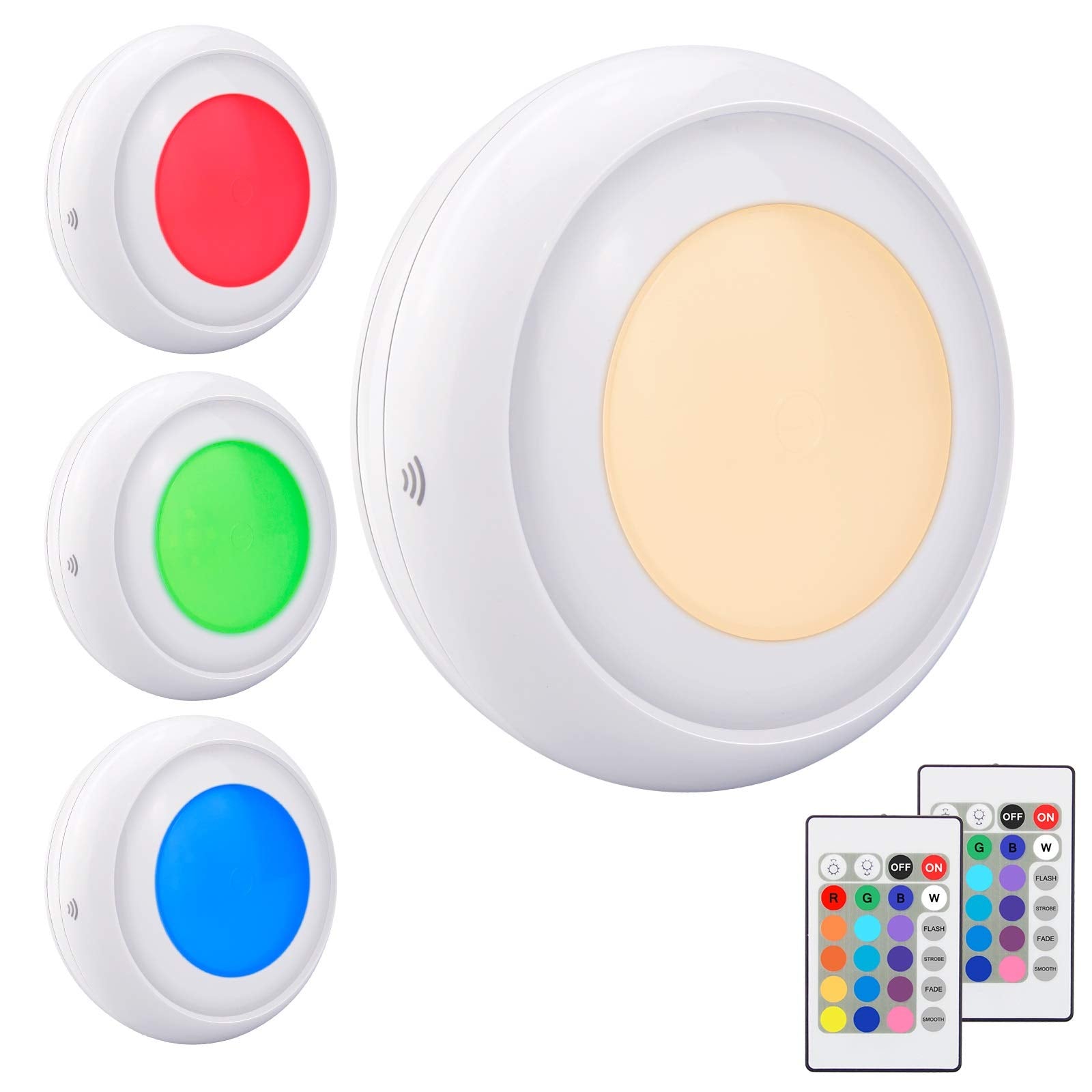LUXSWAYWAY Battery LED Puck Lights with Remote, 16 Color Changing, Wireless Tap Dimmable, Model DY38IR-16C-4+2, RGB - 4 Pack
