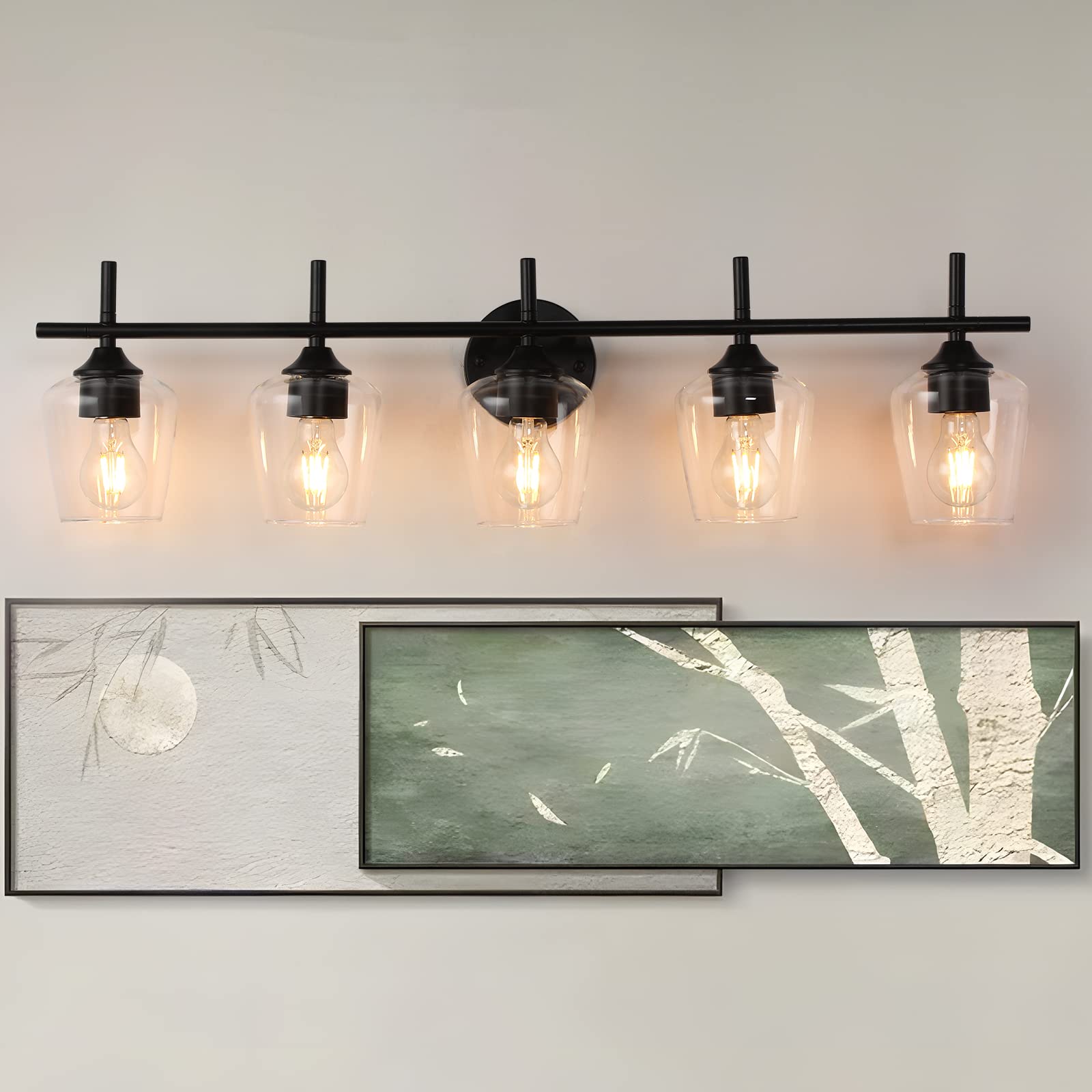 Foucasal 5-Light Bathroom Vanity Light - Black Industrial Fixtures with Clear Glass Shade, Model ULB0046H-5HEI