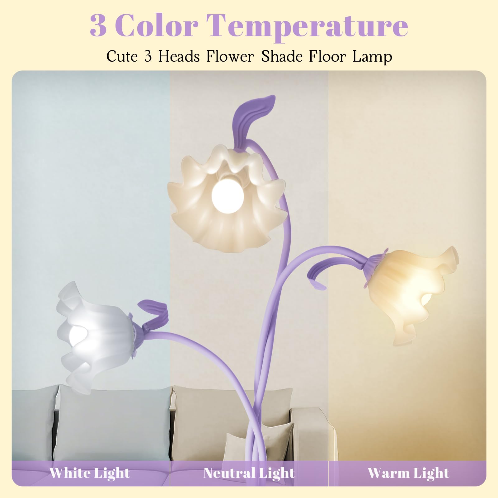 Larnix Flower Standing Lamp, 3 Light Floor Reading Lamp, Large Iron, Purple, Model HLD-003-3