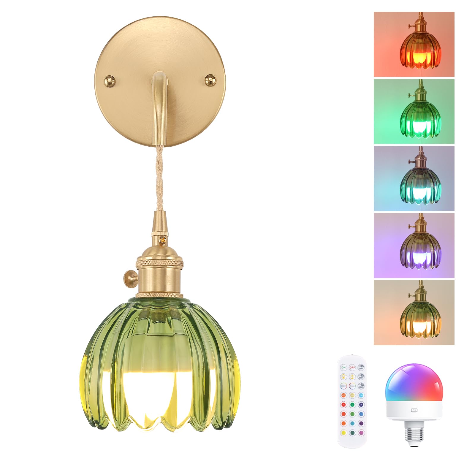 Shenmoyl Wall Sconce - Battery Operated Light, Brass, Adjustable Chain, Tulip-Green Shade, Model 1-938, Indoor Decor