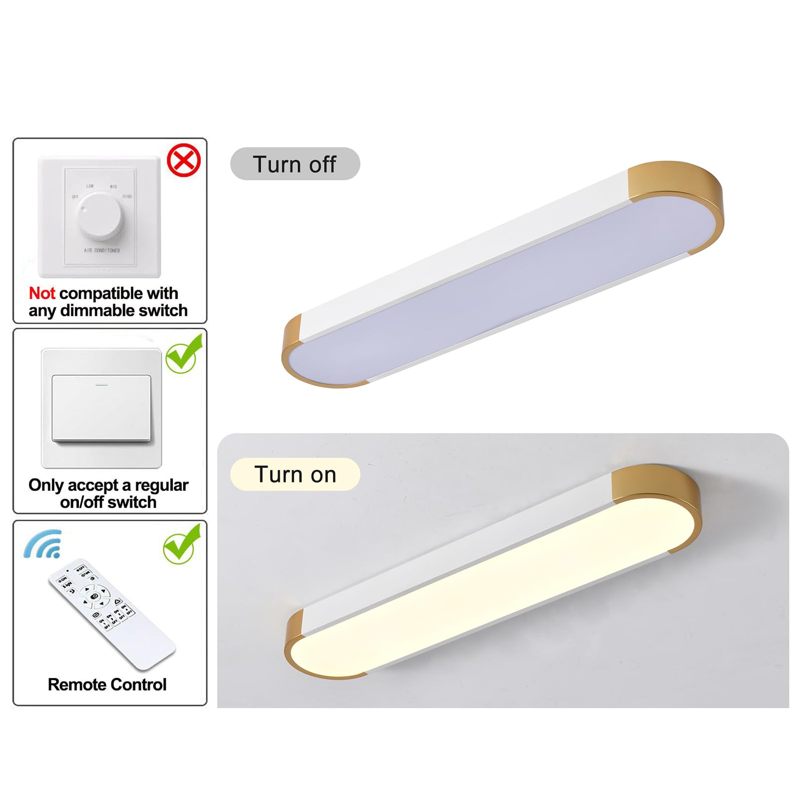 Tioolo Dimmable Led Ceiling Light With Remote 42W Kitchen Lighting Fixtures Ceiling White And Gold Long Ceiling Light Fixture 27.5 Inch Flush Mount Ceiling Lights For Kitchen Dining Room Hallway