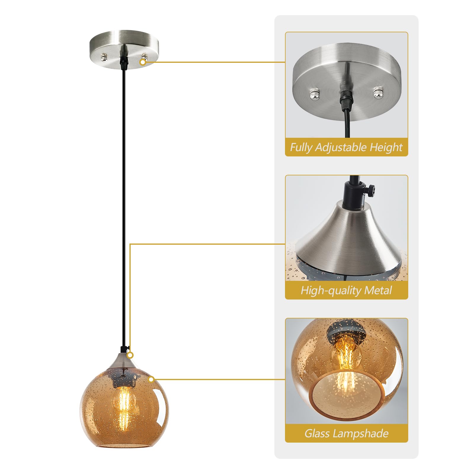 Lbsqj Amber Glass Pendant Lights Kitchen Island Globe Pendant Light Fixtures Modern Pendant Lighting For Bedroom Living Dining Room Light Fixture (5.9 In  3 Pack)