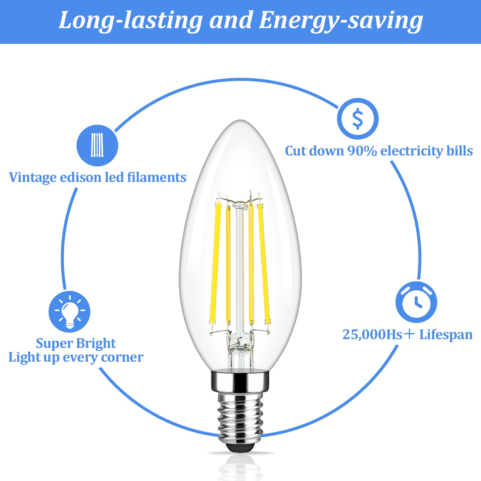 Brightever E12 Candelabra LED Bulbs, 60W Equivalent, 620 Lumen, Daylight White 5000K, Clear Filament, Non-Dimmable, Pack