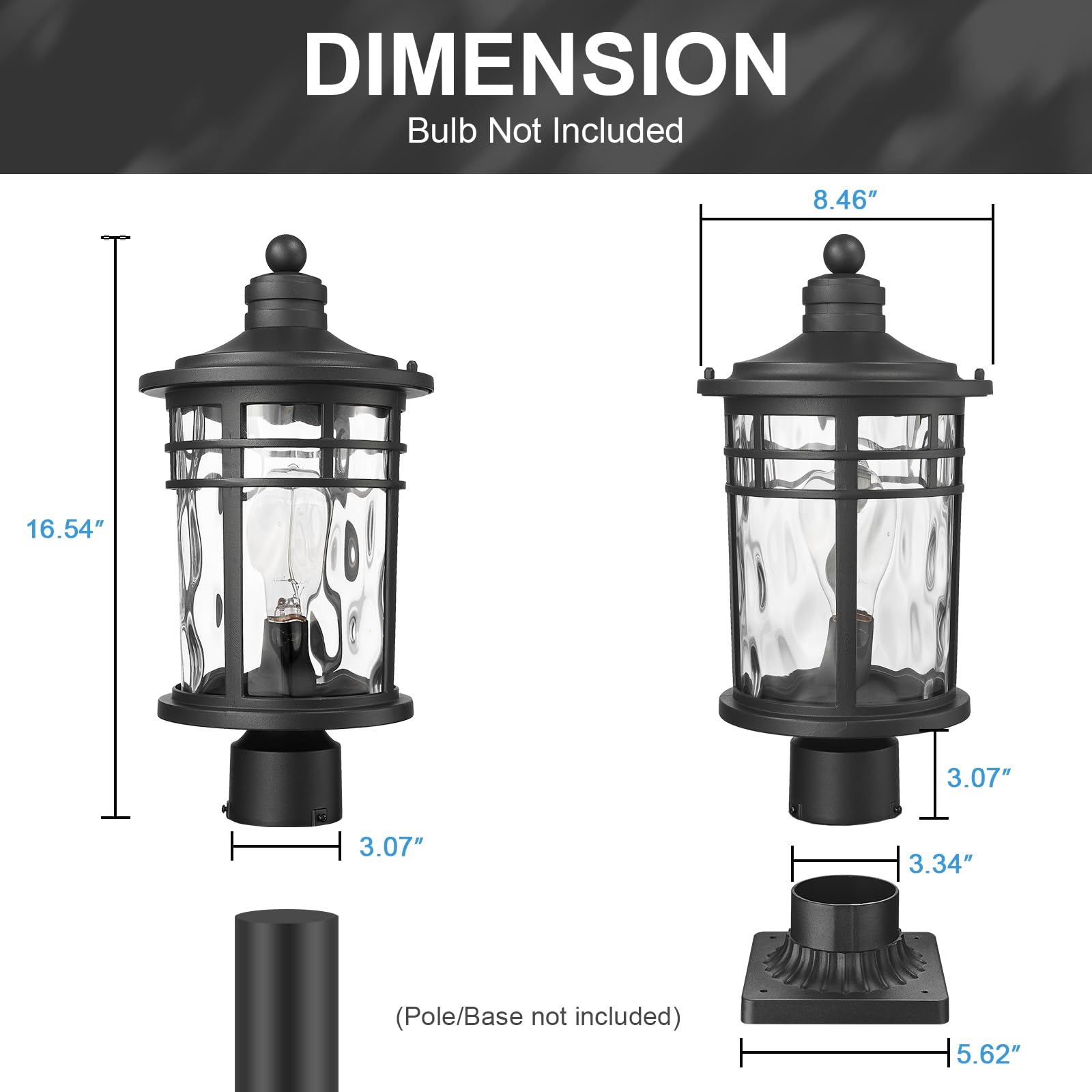 Darkaway Large Outdoor Post Light, 17" Aluminum Fixture, Black with Water Ripple Glass, Model 6X20P-M BK+WG, Ideal for Patio and Garden