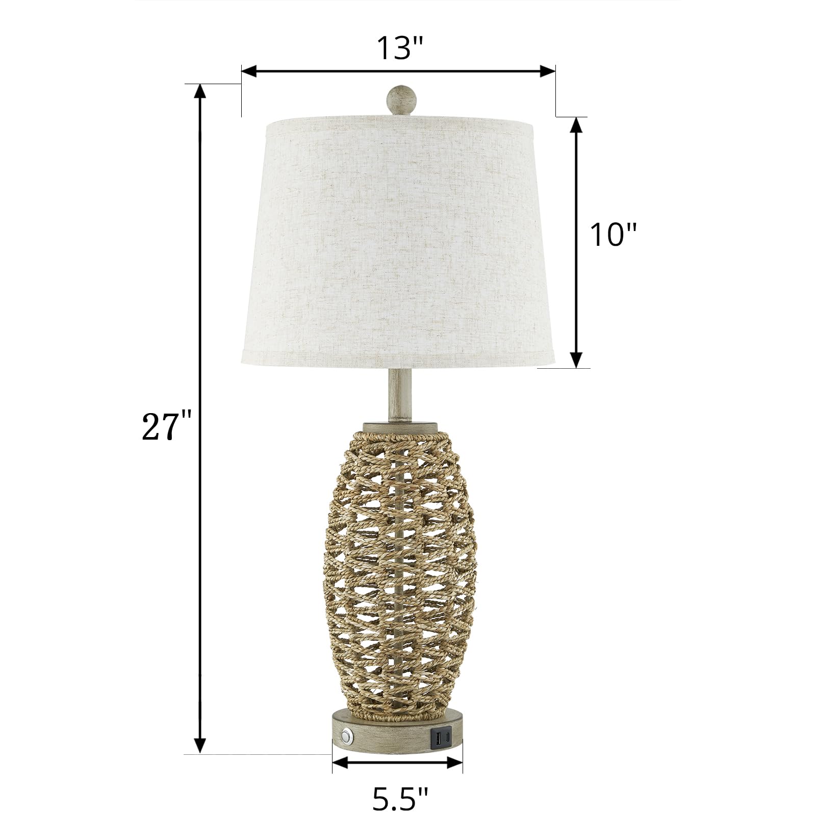 Generic 27in Natural Rattan Table Lamps Set of 2, 3-Way Dimmable, USB Charging Ports, Oatmeal Lampshade, Model HT23T0816