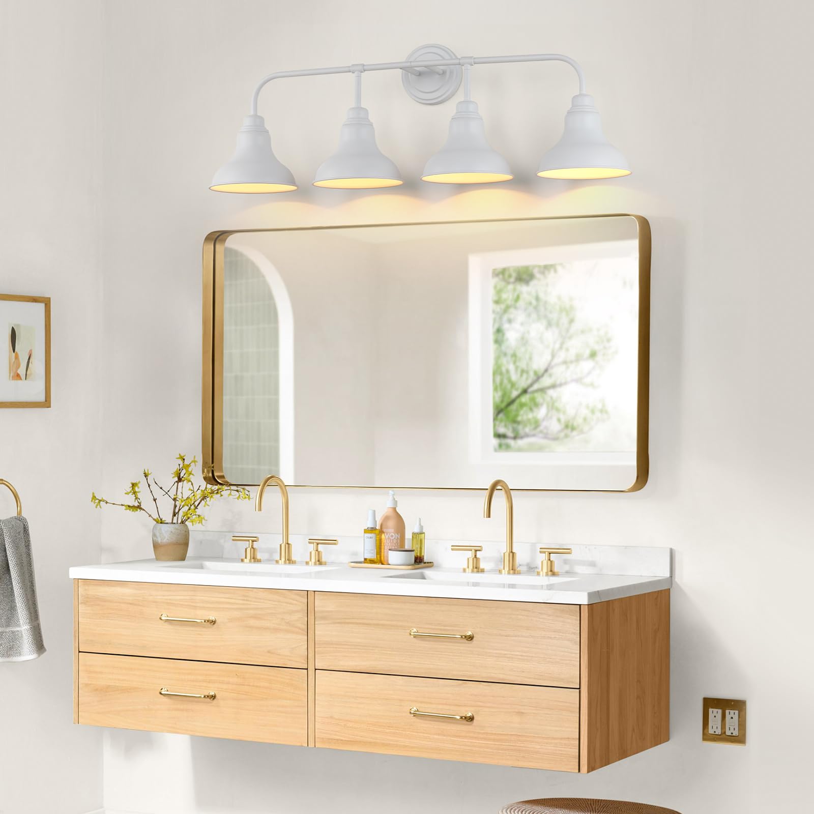pasentel 34in Farmhouse Bathroom Vanity Light, 4-Light, White Iron, Model BD017-4-WH, Rustic Industrial Sconce for Bathroom