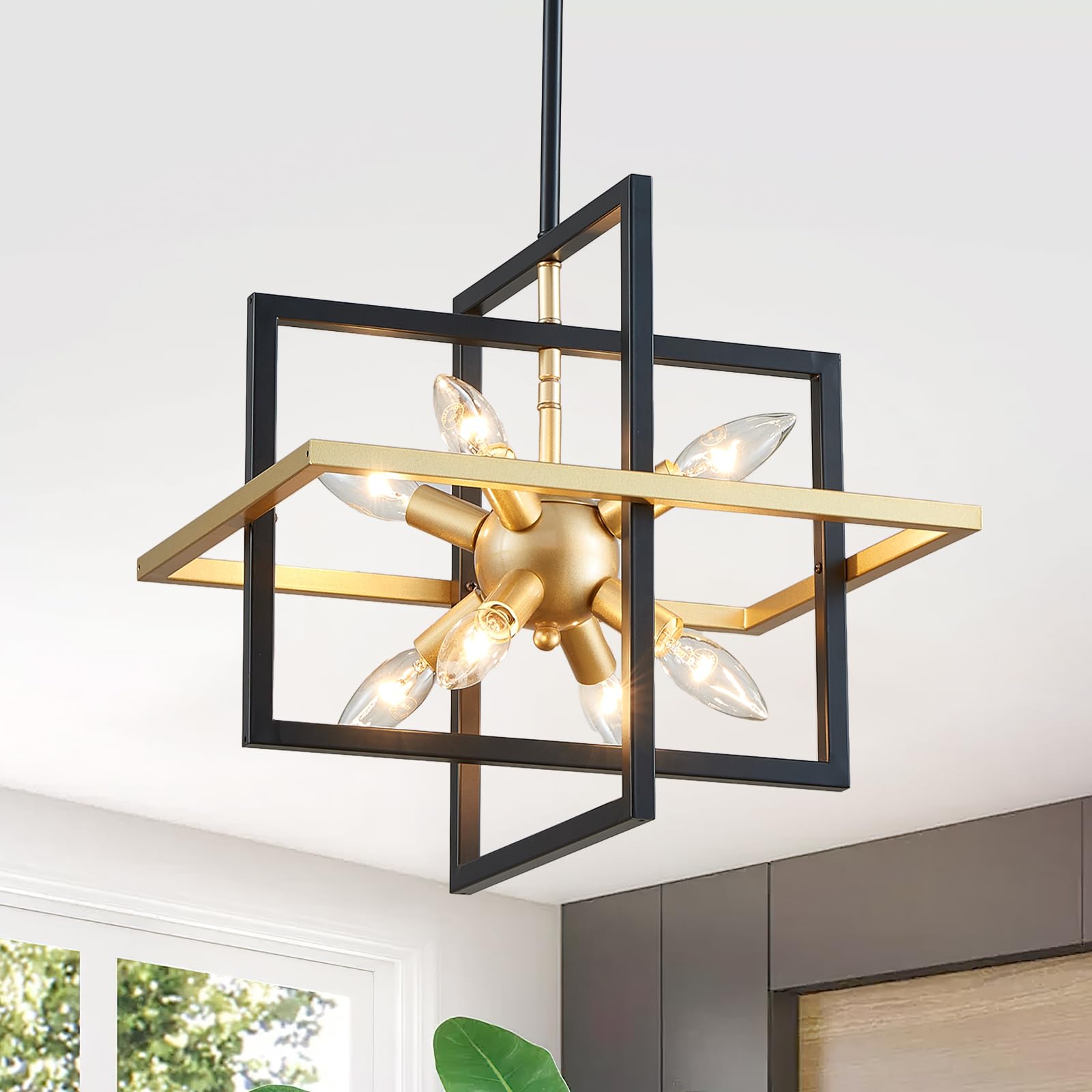 XINGQI Modern Geometric Pendant Lighting 8-Light Black and Gold Farmhouse Chandelier Ceiling Light Fixtures for Dining Room Livi