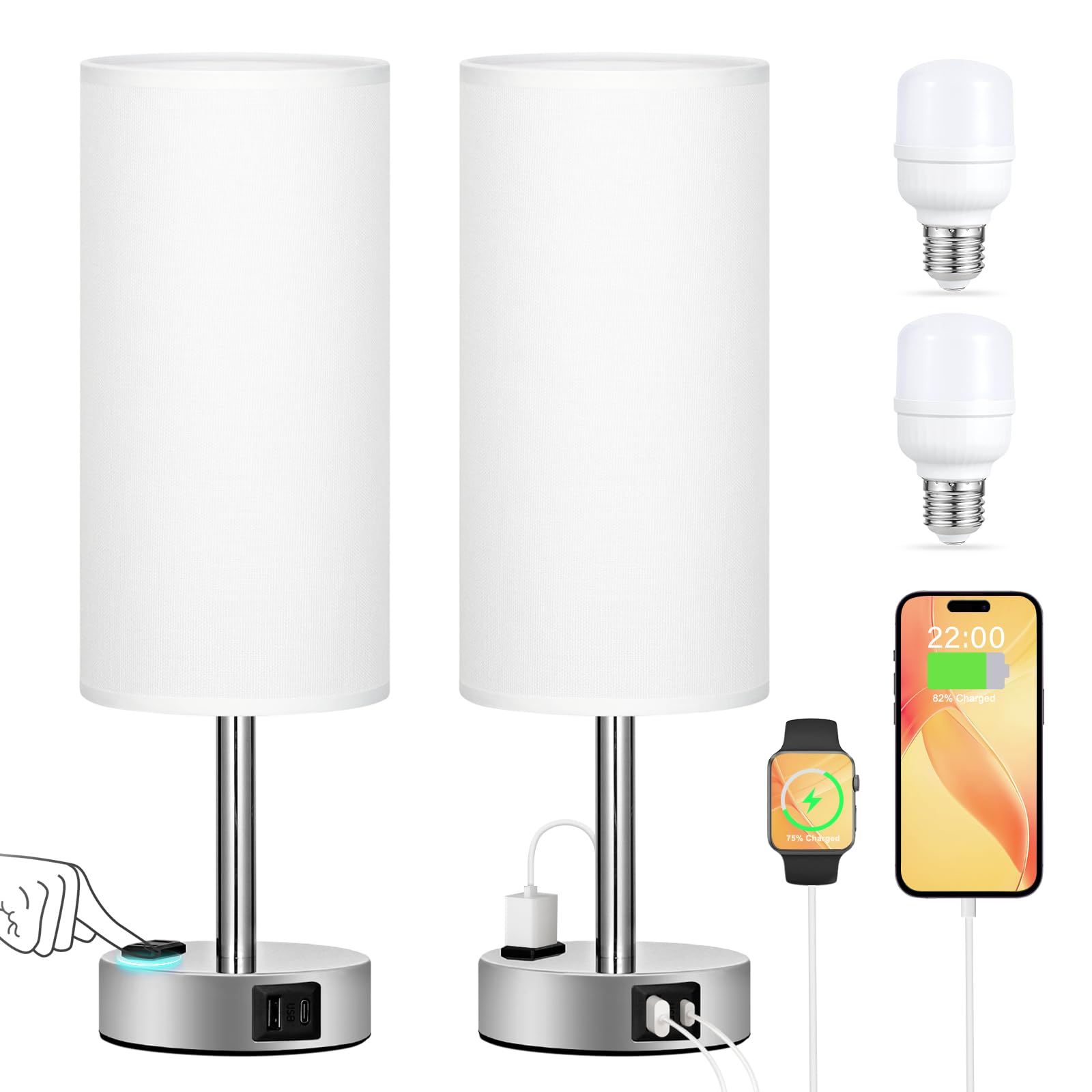 White Touch Nightstand Lamps Set - 3 Way Dimmable Bedside Table Lamps for Bedroom with USB C and A Ports, Small Lamps with AC Ou