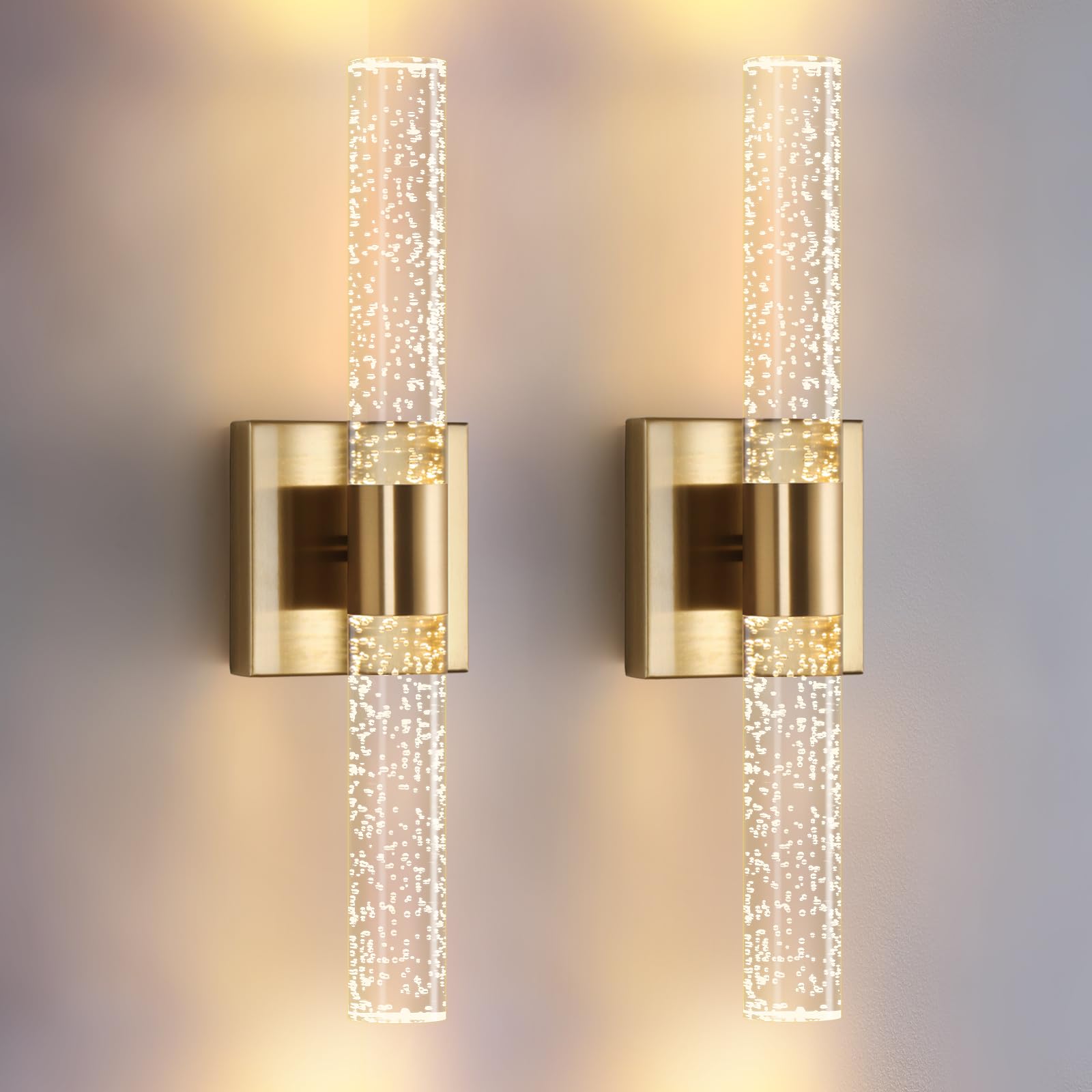 LECLLITEN 18 Inch Bathroom Sconces Set of 2, 3 Color Temperature Bubble Crystal Led Wall Sconce Indoor Wall Mount Vanity Light B