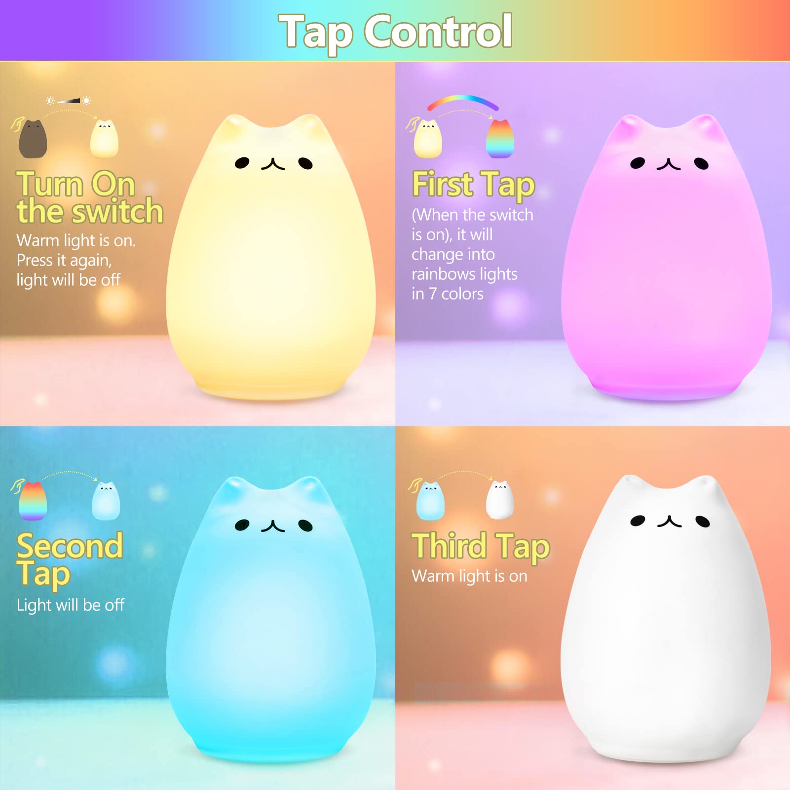 Litake Cute Cat Night Light - Squishy Silicone Lamp with Remote, 16 Colors, Cream, Baby Nightlight for Kids, Christmas Gifts, Room Decor
