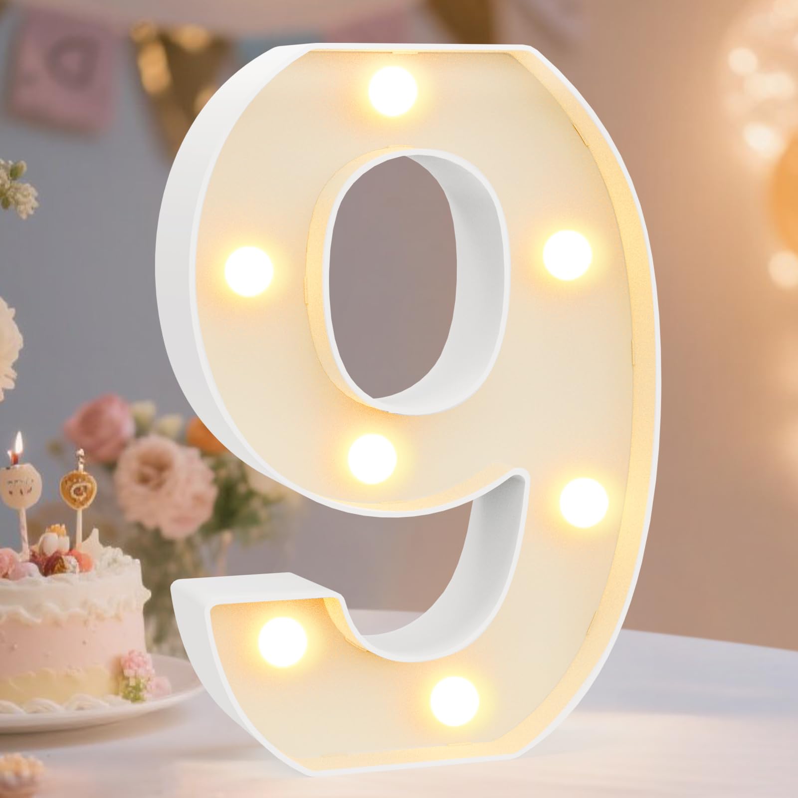 Pooqla Decorative LED Light Up Number (9) - White Plastic Marquee Sign - Warm White, Battery Operated