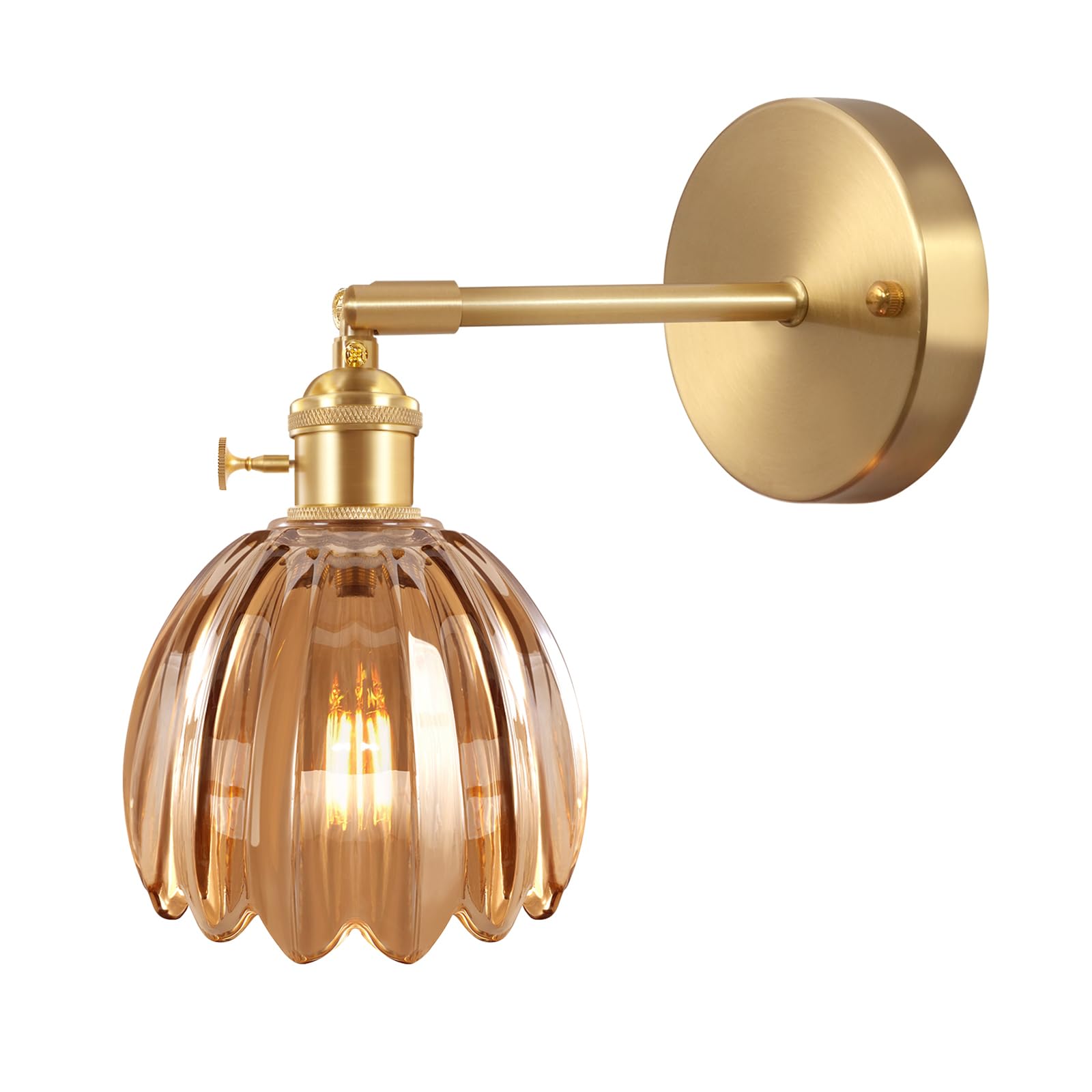Shenmoyl Vintage Wall Sconces with Amber Tulip Glass Lampshade 180 Degree Adjustable Brass Sconces Hradwired Modern Wall Lightin