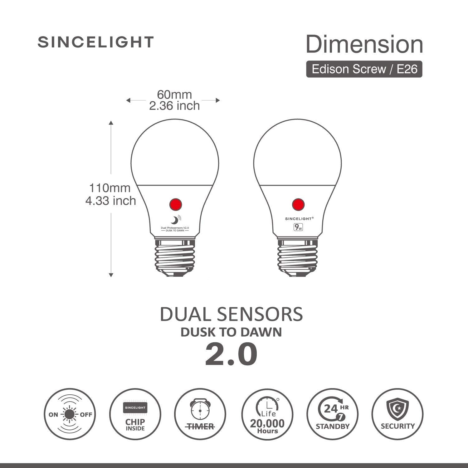 SINCELIGHT Dusk to Dawn LED Bulb, 9W, 4000K Neutral White, E26, Pack of 4, Automatic Daylight Sensor, Model SL-A19E