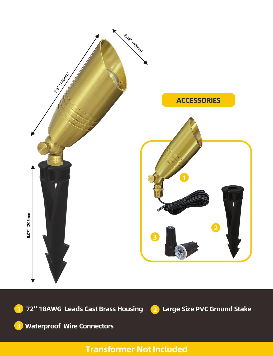 Coloer Die-Cast Brass Landscape Spotlight 12-Pack Without Bulb,12V Ac/Dc Low Voltage Copper Outdoor Lighting With Ground Stake, Directional Garden Patio Spot Up Light (102B Brass Finish)