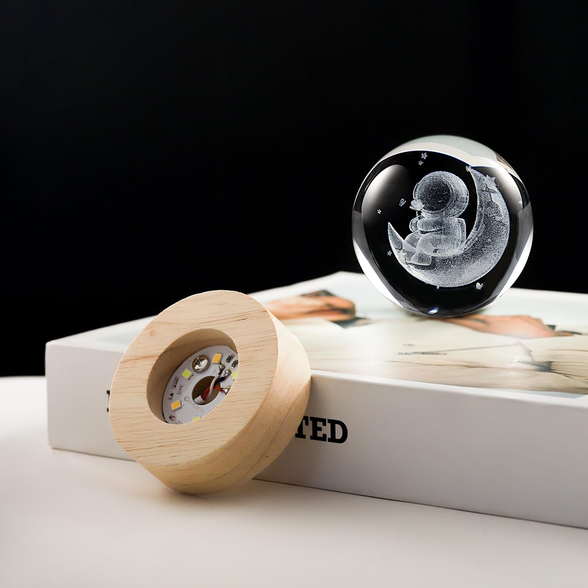 Hochance 3D Moon Crystal Ball Lamp With Adjustable Brightness Led Wooden Base Night Light For Kids Teens mature-themeds Birthday Gift Home Desk Office Bedroom Decor (6Cm / 2.4 )