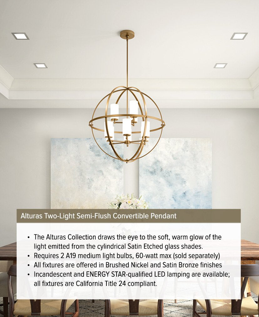 Sea Gull Lighting Alturas Two-Light Semi-Flush Pendant, Etched White Glass, Brushed Nickel Finish, Model 7724602-962
