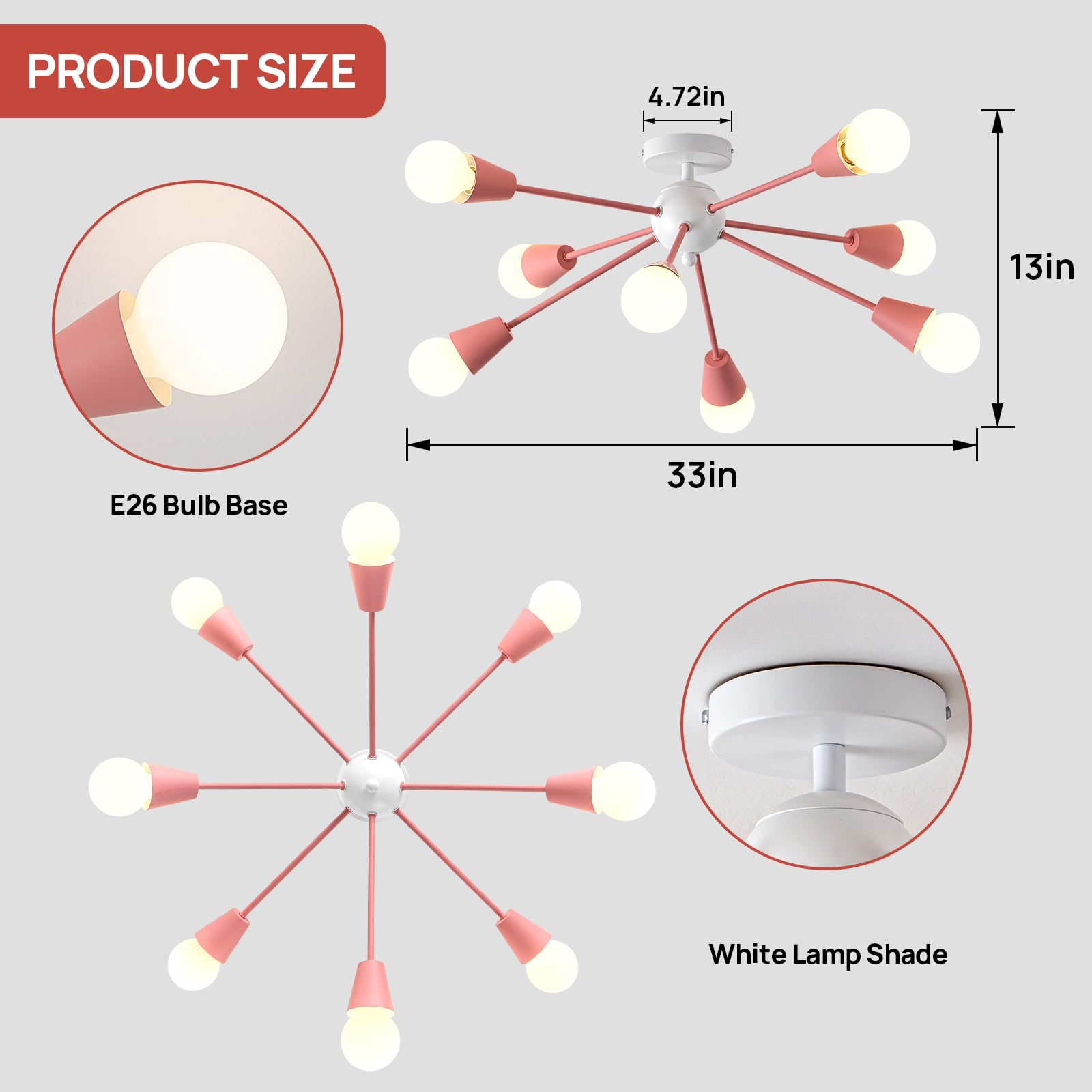 Ymlii Pink Sputnik Chandelier Ceiling Light Fixture, 8-Lights Modern Sputnik Lights Fixture With E26 Base, Semi Flush Mount Ceil