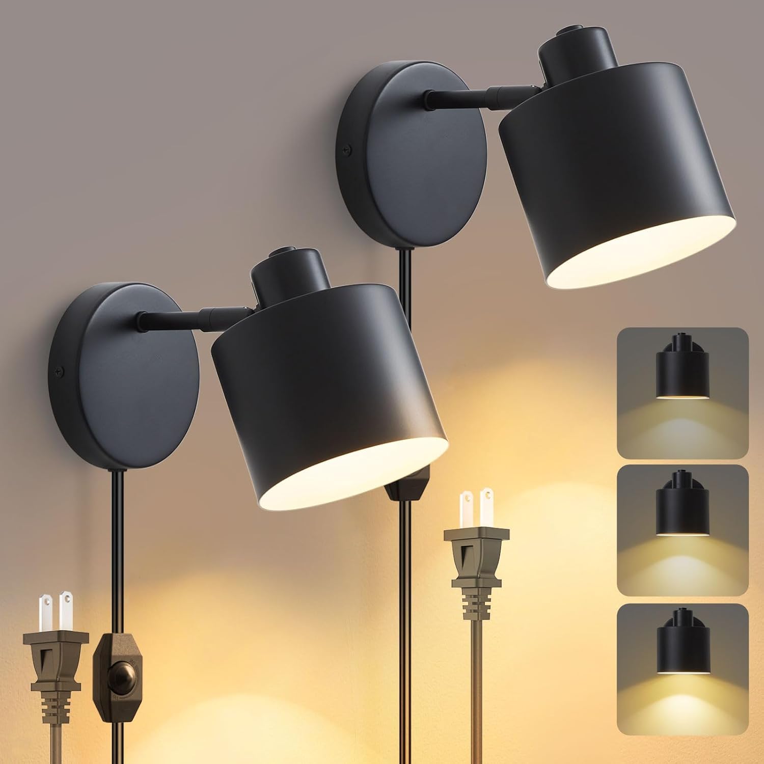 Lightess Plug in Wall Sconces Set of 2 with Switch, 350 Rotatable Dimmable Corded Wall Sconce, Black Wall Lamps for Bedroom Livi