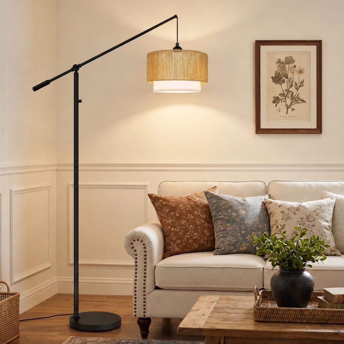?Upgraded?Boho Dimmable Floor Lamps with Adjustable Swing Arm, 1100 Lumens Bulb Included, Modern Arc Standing Lamp with Rattan &