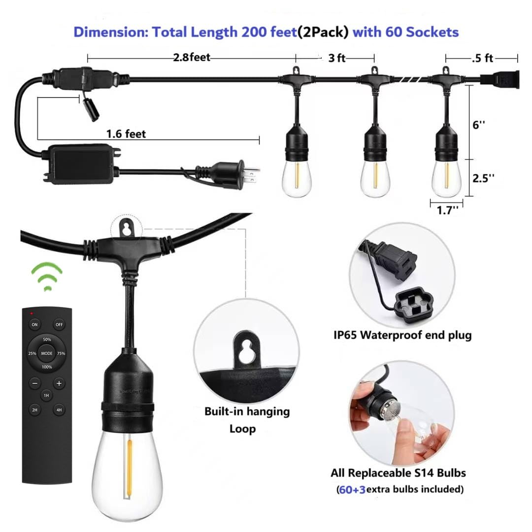 Remote Control Outdoor String Lights 200FT for Outside Patio Lights Waterproof with 63 Replaceable S14 Bulbs for Bistro Pergola