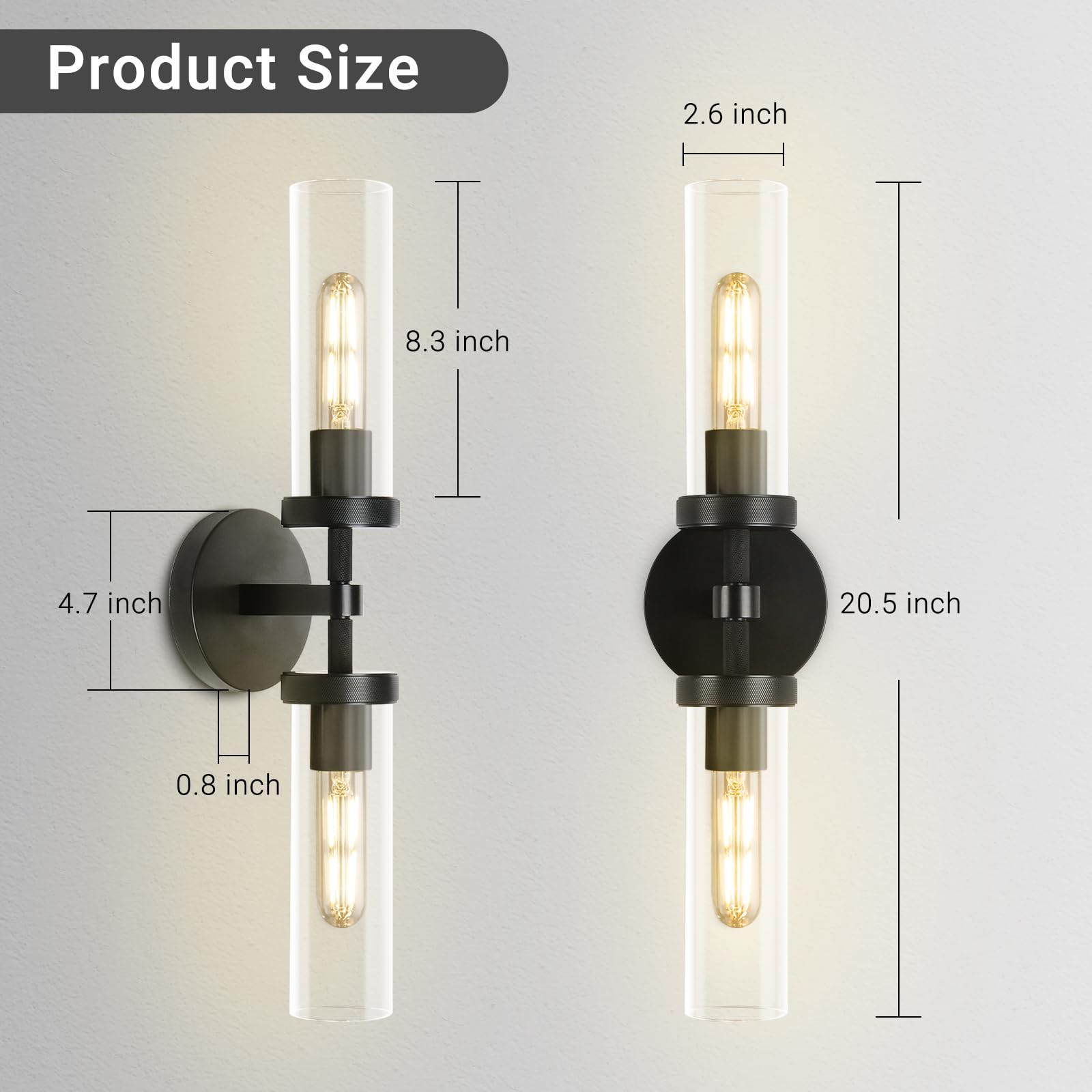 Zhtiechui Black Bathroom Vanity Wall Sconces 2-Light Glass Tube Wall Sconce 21In Horizontal Or Vertical Linear Wall Sconces Blac
