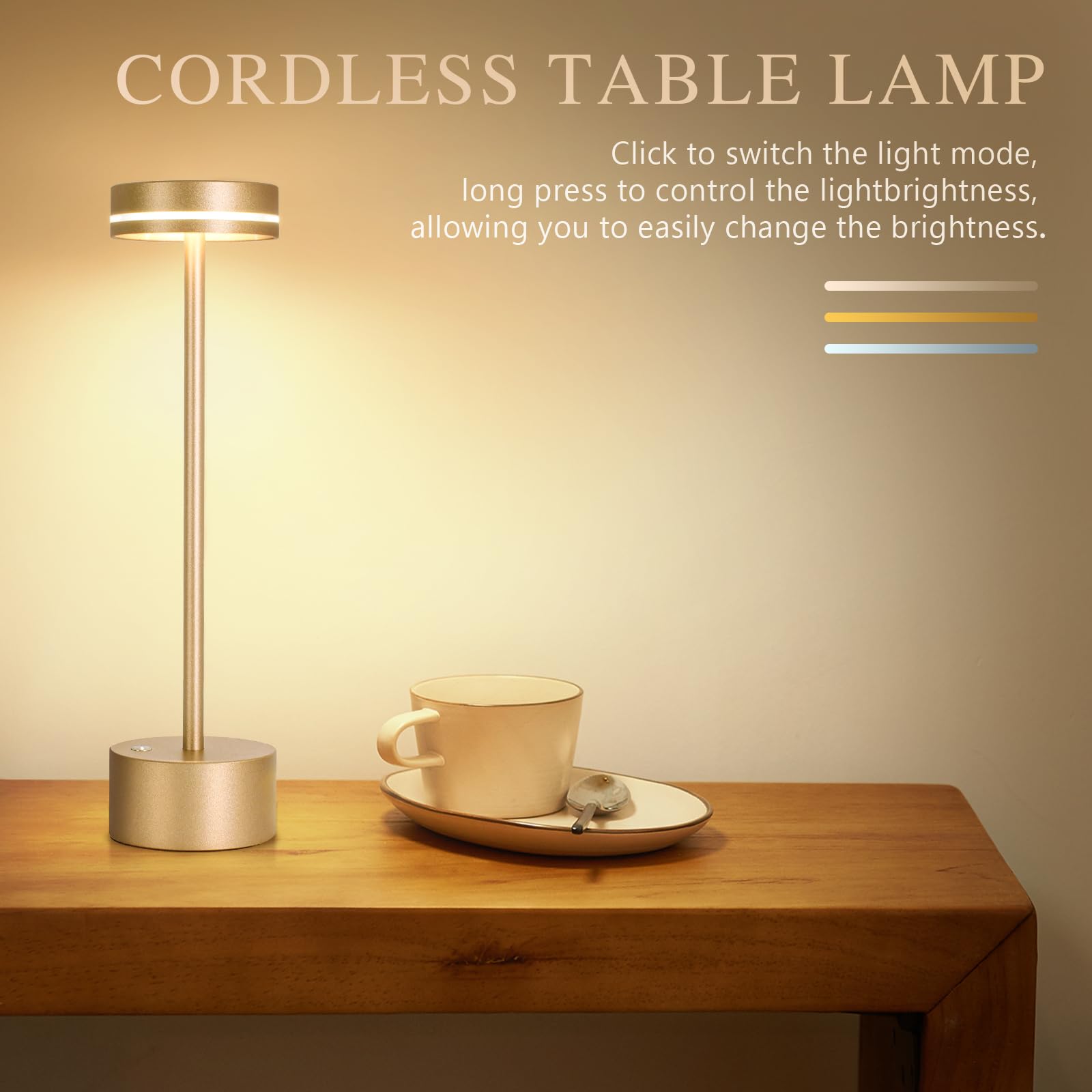 2 Pack Cordless Table Lamp Rechargeable, 3 Way Dimmable Touch Lamp & 5000Mah Long Battery Time, Portable Small Metal Light For R