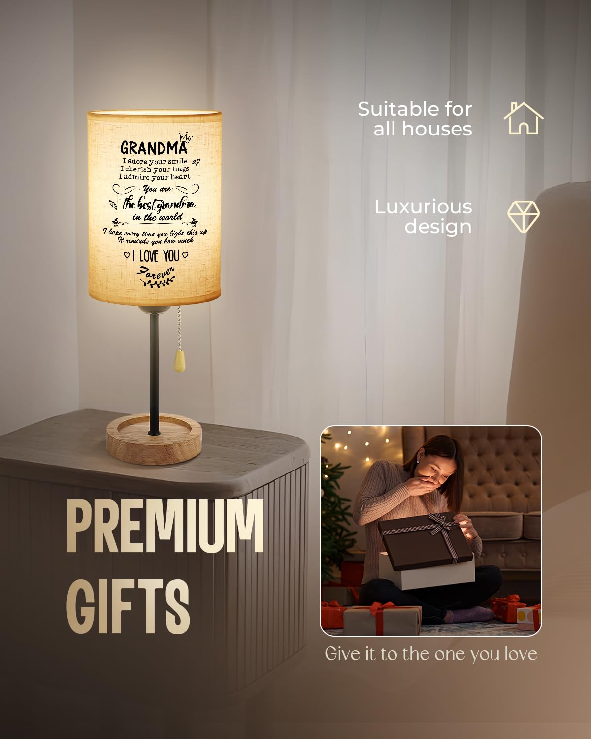 Calibron Grandma Gifts From Grandkids Linen Fabric Wooden Table Lamp,Grandma Birthday Gifts Bedroom Night,Birthday Gifts For Gra