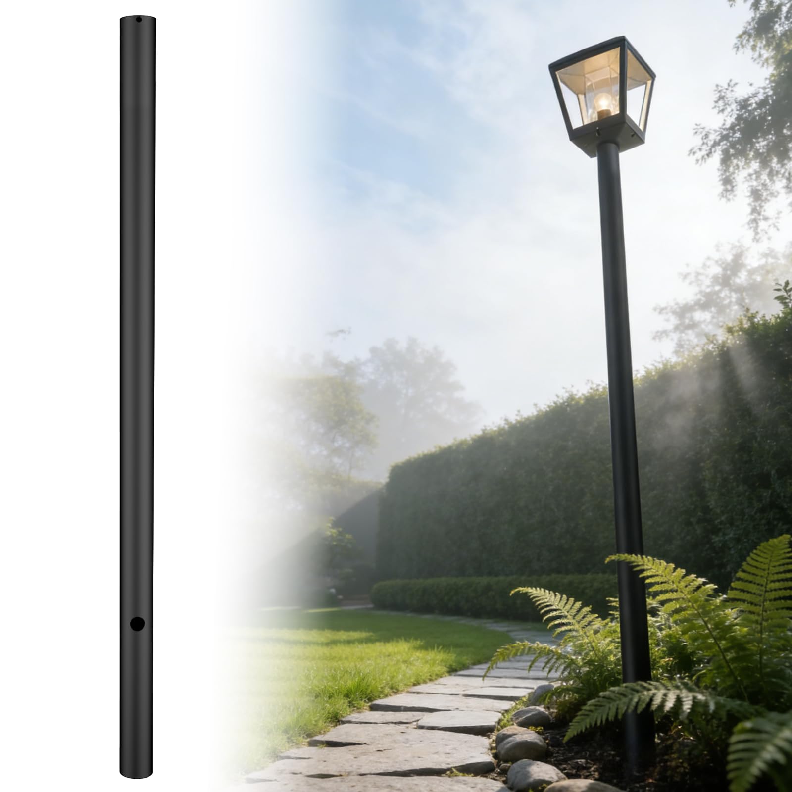 LAJIAOZ 3 x 90 Black Outdoor Light Post Pole - Seamless One-Piece Construction Direct Burial Metal Lamp Post for Outside House, 
