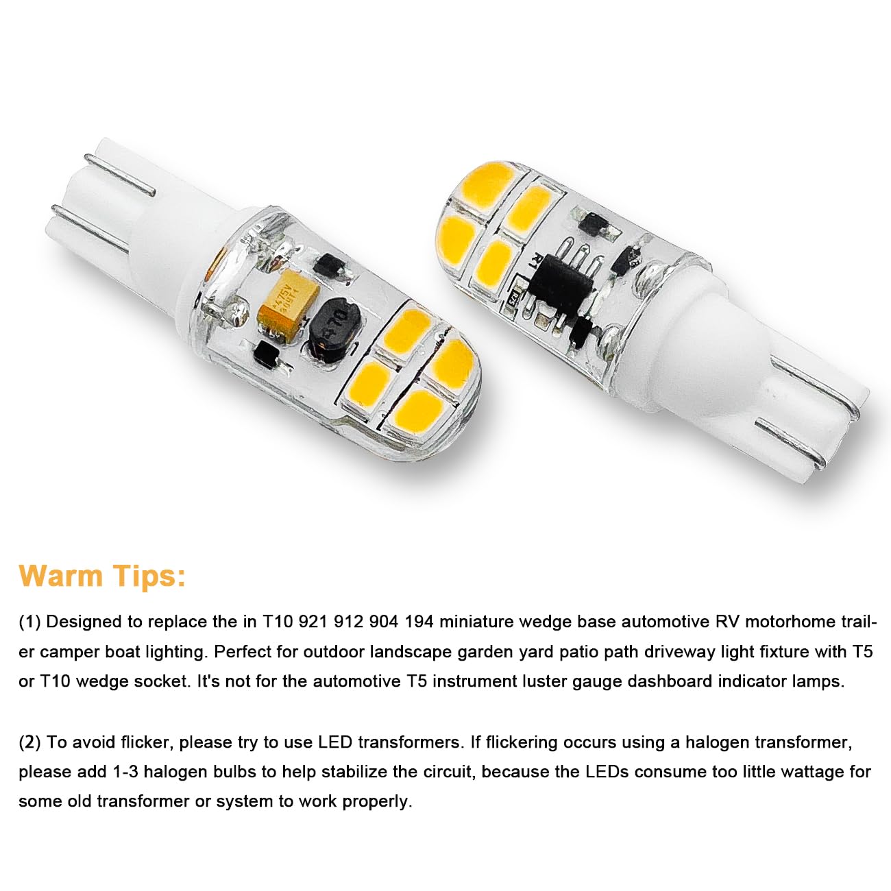 KAKEMONO 2W LED Bulb, 12V/24V T10 Wedge, 2700K Warm White, Model 10PT10SS2WW, 10 Pack