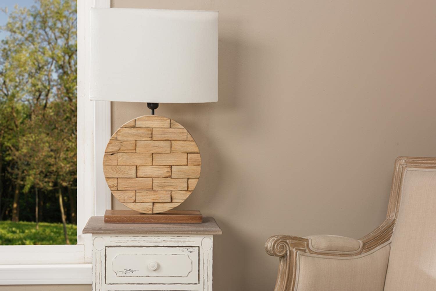 Baxton Studio Budalin Wood And Linen Lamp, White