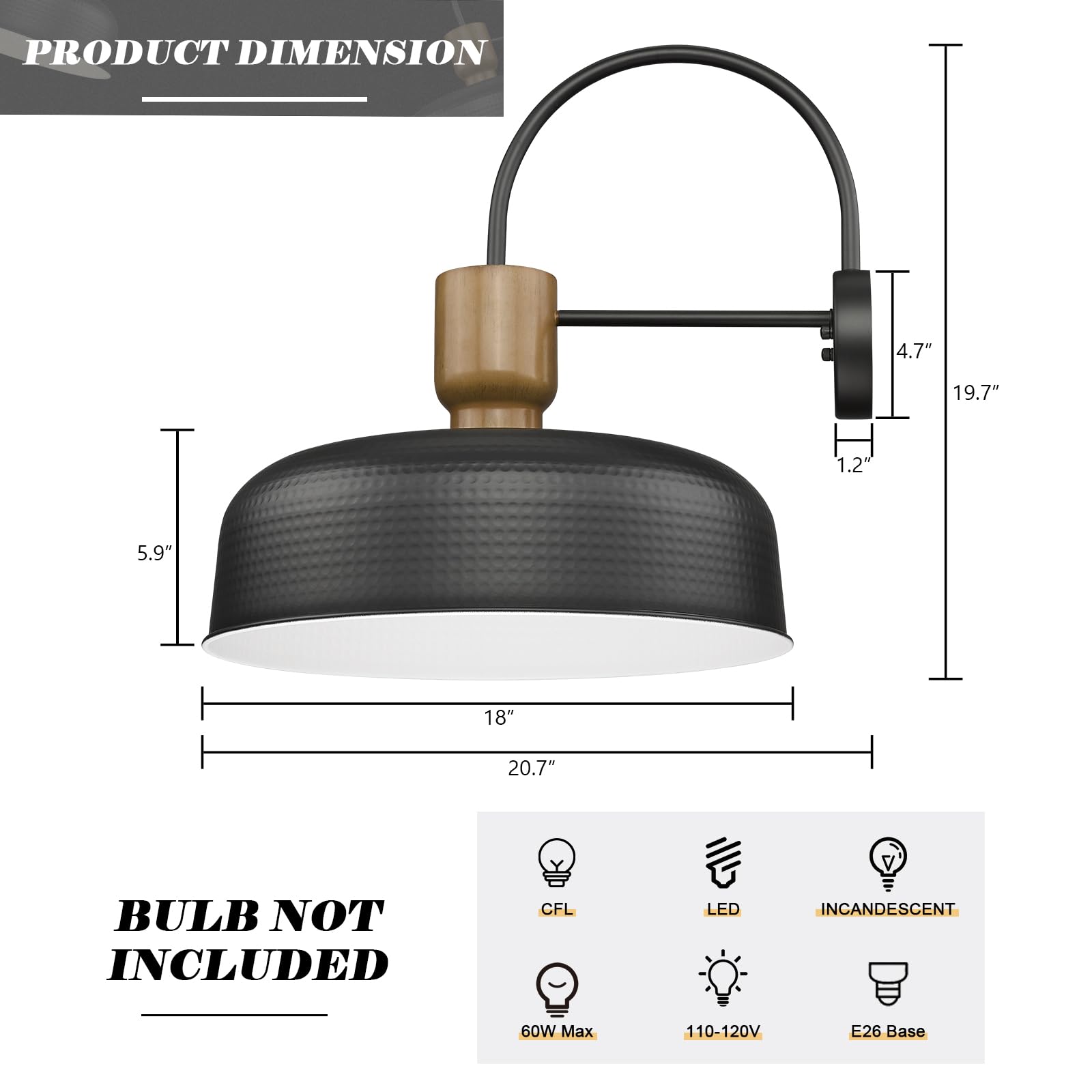 Luminzone Gooseneck Barn Light - Vintage Black Metal Wall Lantern, Large 18'', Model 7G3B-L BK, Farmhouse Exterior Fixture