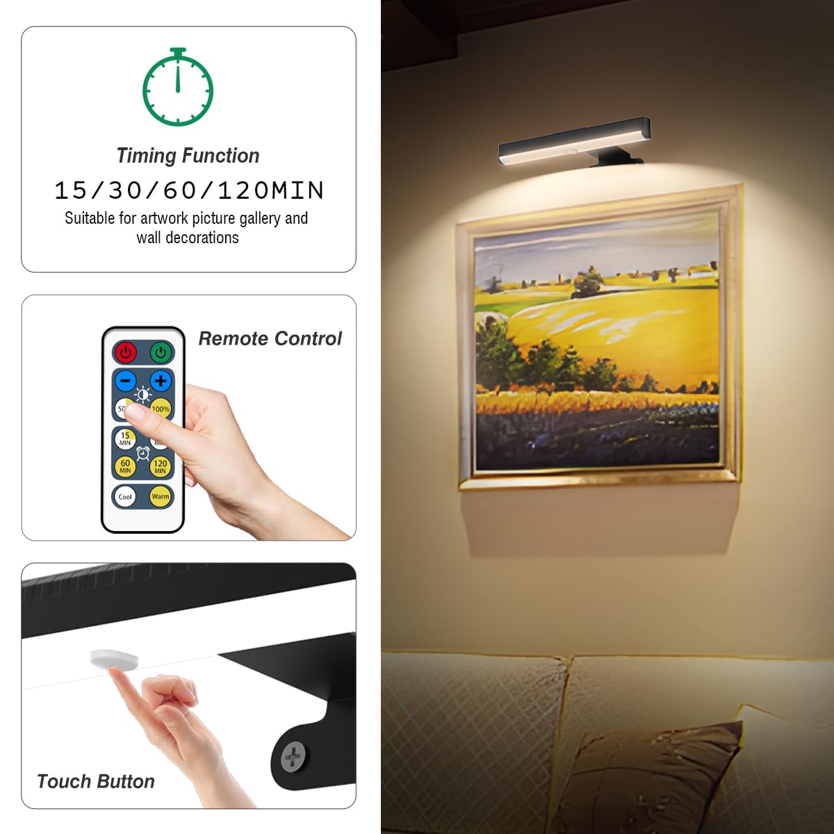 EUIOKUN 6-Pack Wireless Picture Light - Dimmable LED Wall Sconces, Battery Operated, Black, Model m220 for Art & Home Decor