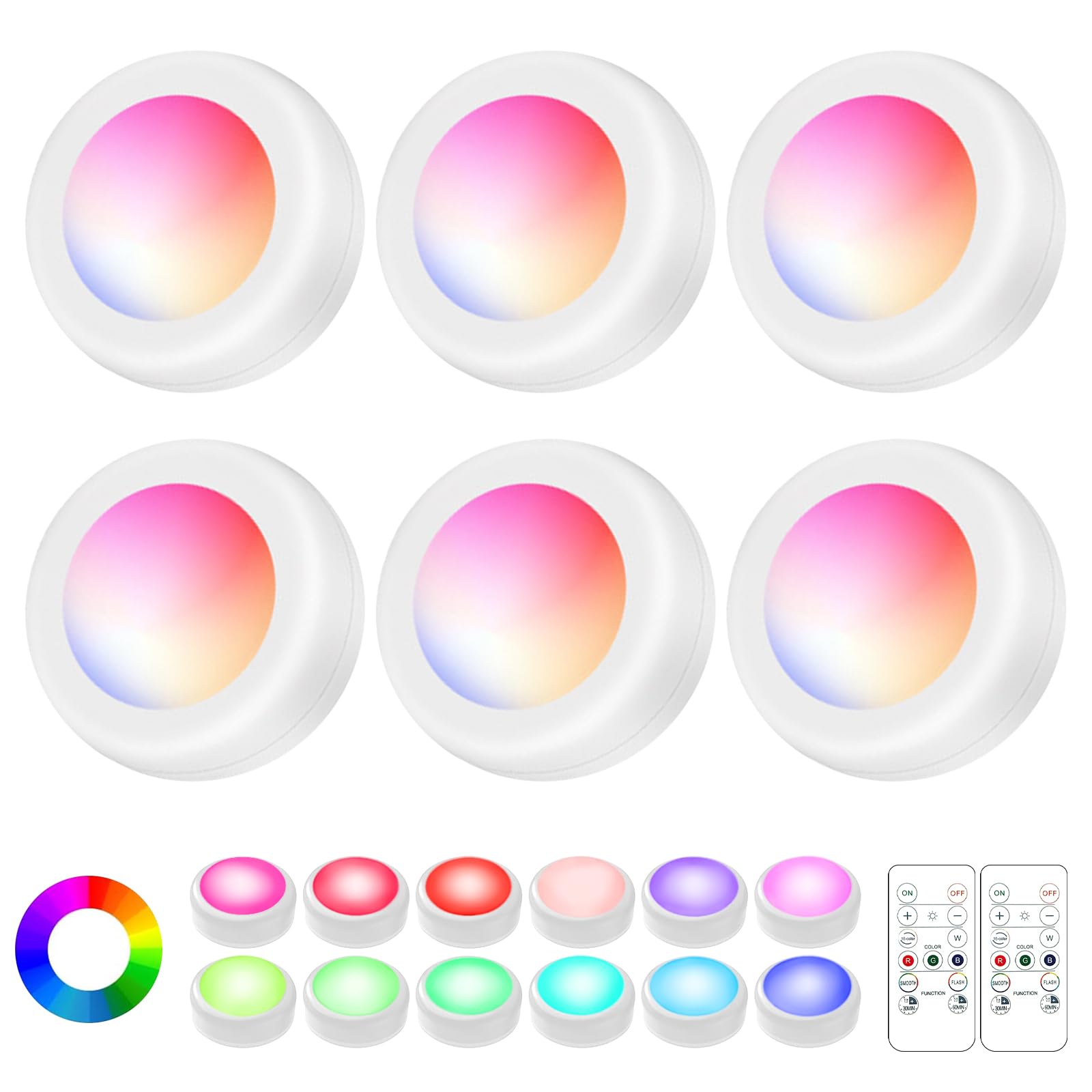 Lilampts LED Puck Lights, Wireless Under Cabinet Lighting, Color Changing, 6 Pack, White, Battery Operated, Remote Control